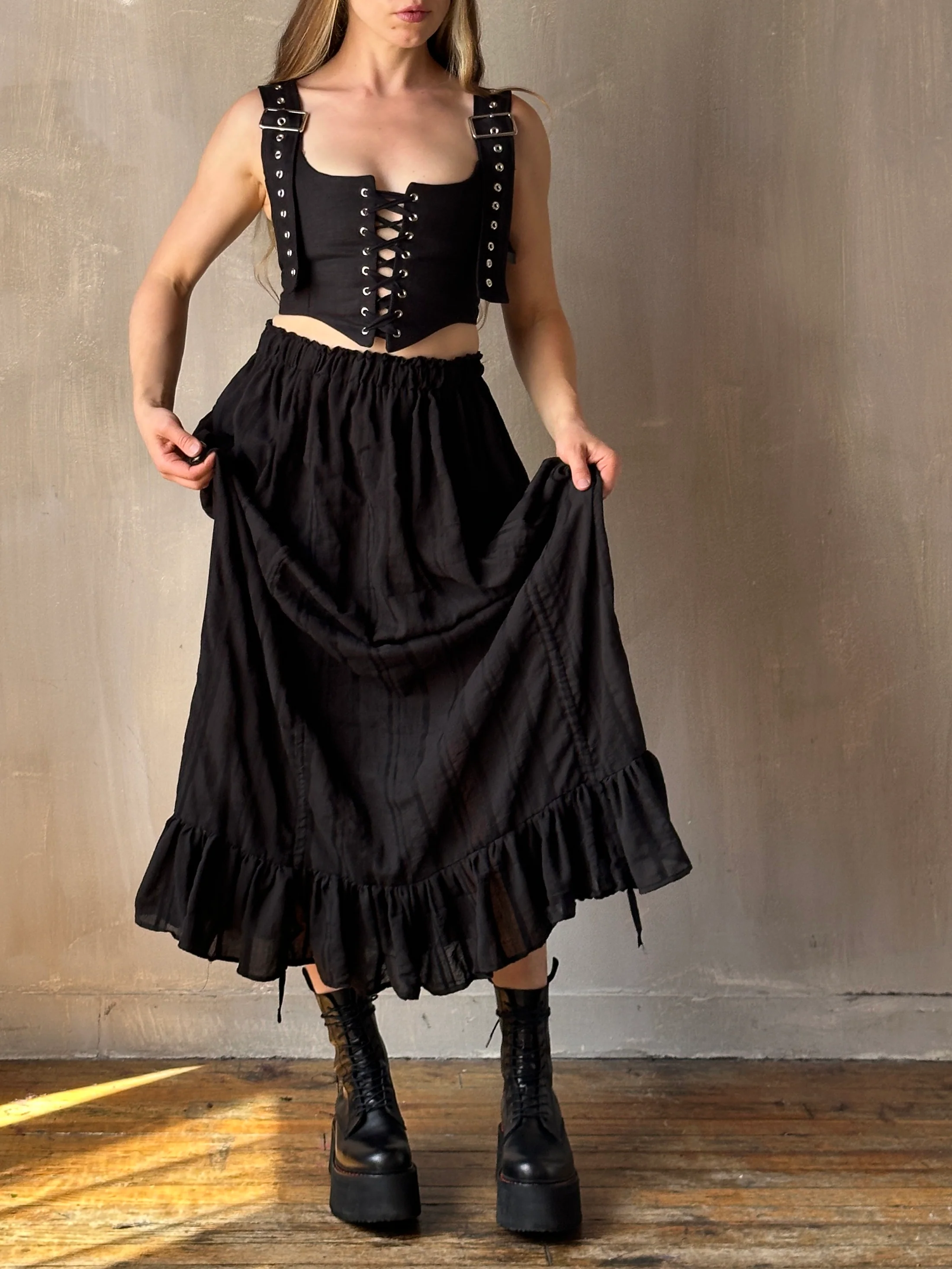 Sample Sale: Drawstring Petticoat Skirt in Black Jacquard Stripe (Size II, small flaw) - Image 3