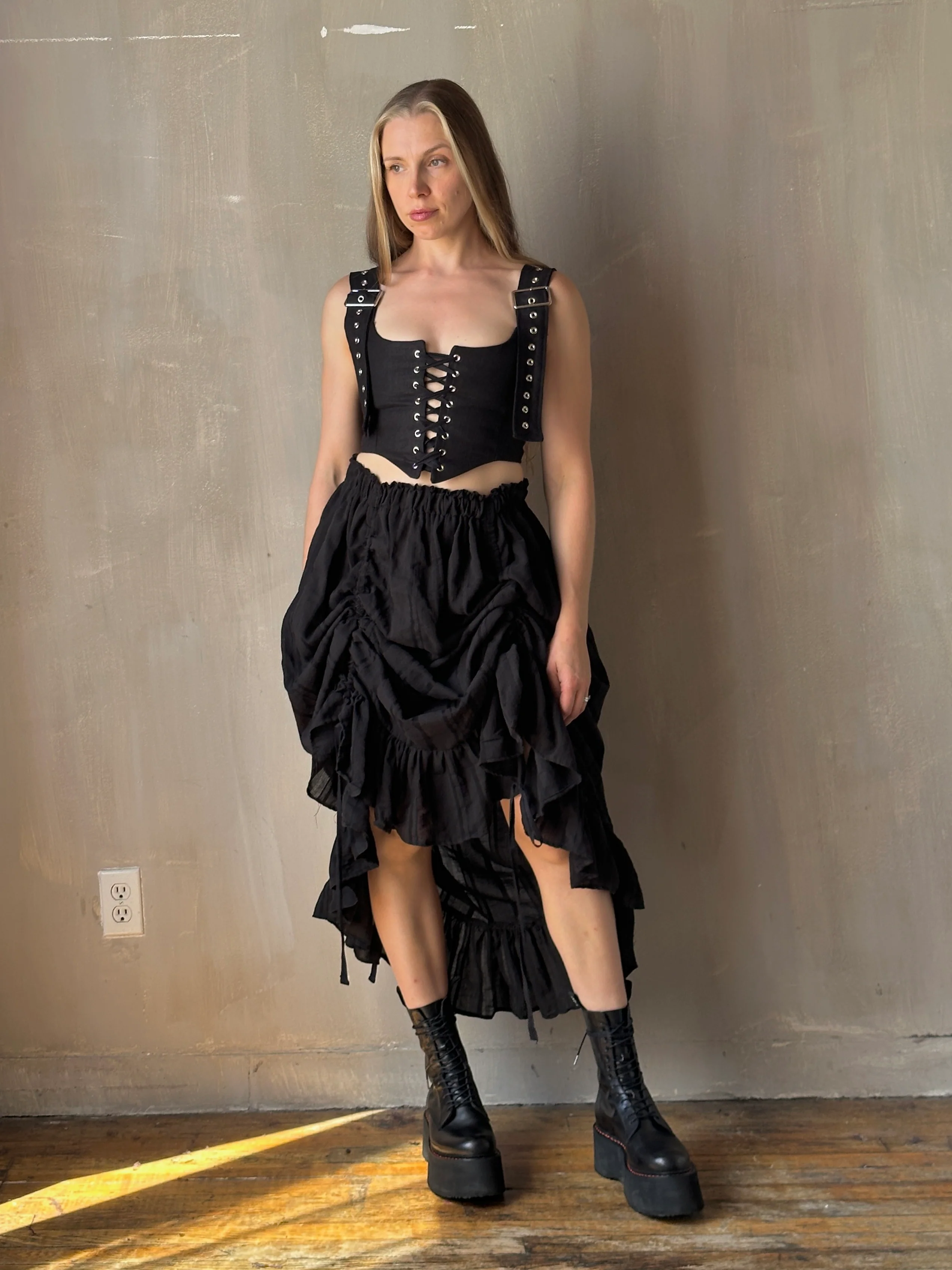 Sample Sale: Drawstring Petticoat Skirt in Black Jacquard Stripe (Size II, small flaw) - Image 6