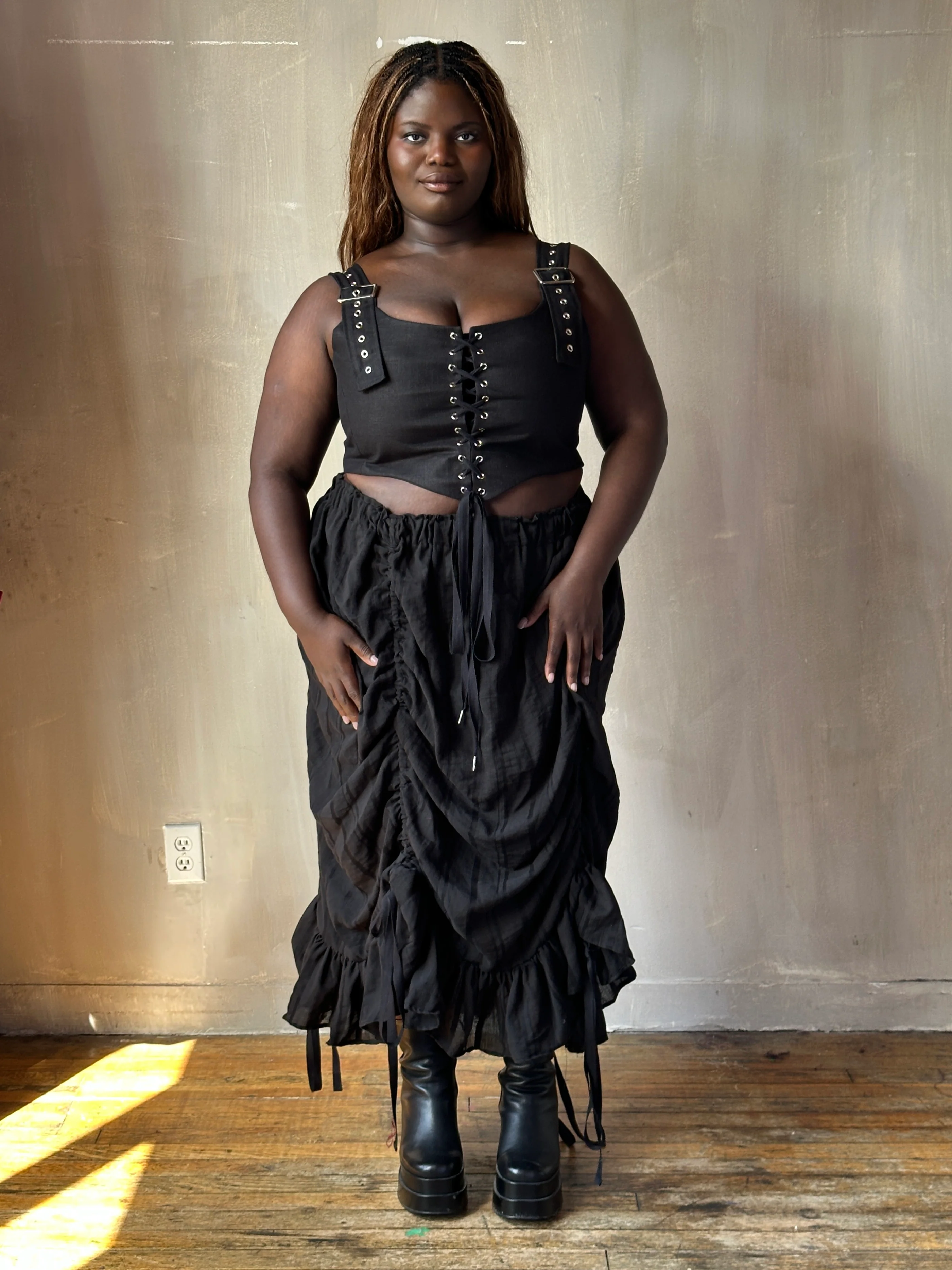 Sample Sale: Drawstring Petticoat Skirt in Black Jacquard Stripe (Size II, small flaw) - Image 7