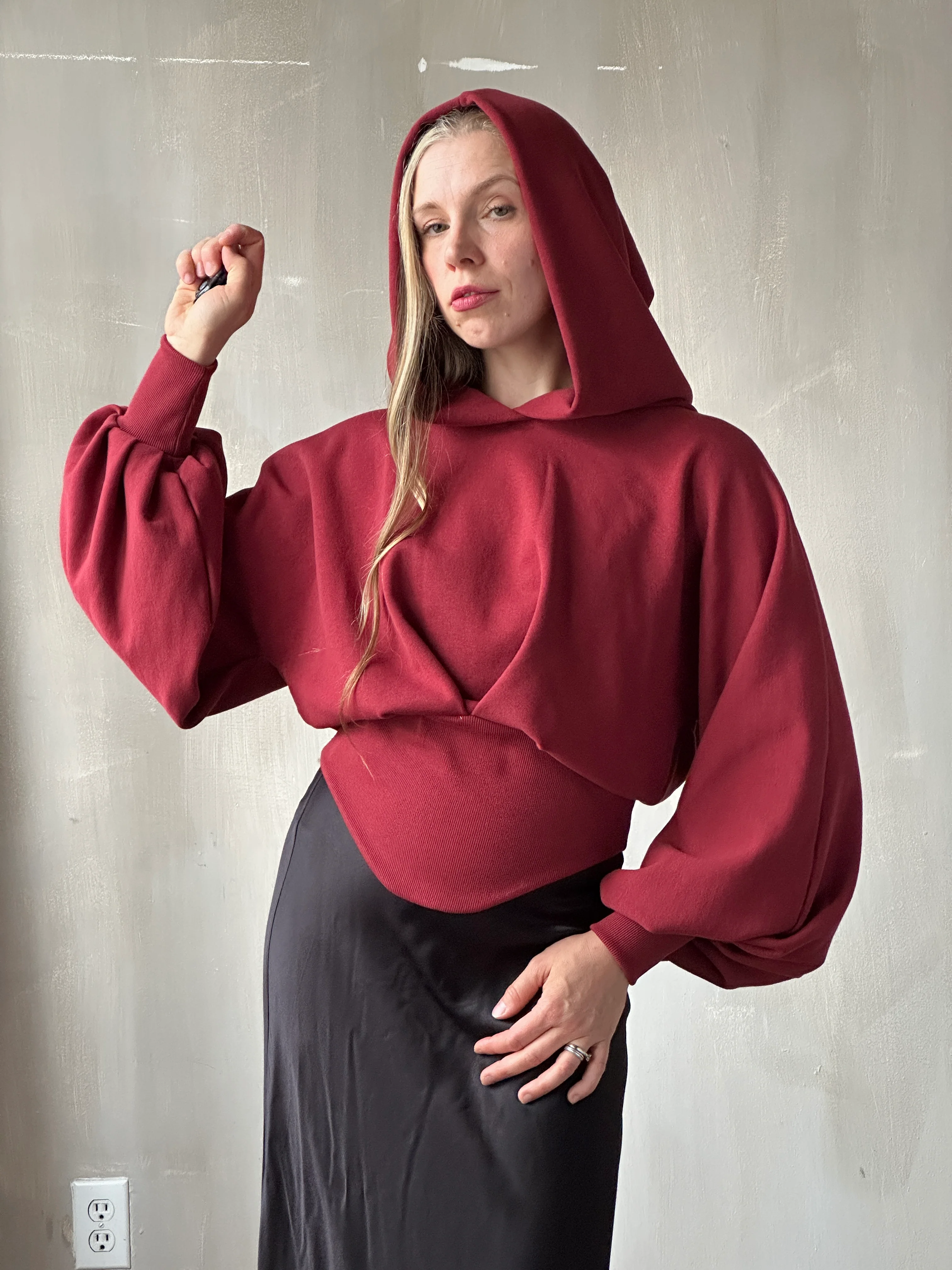 Corset Waist Hoodie in Oxblood Organic Fleece (In-Stock) - Image 11
