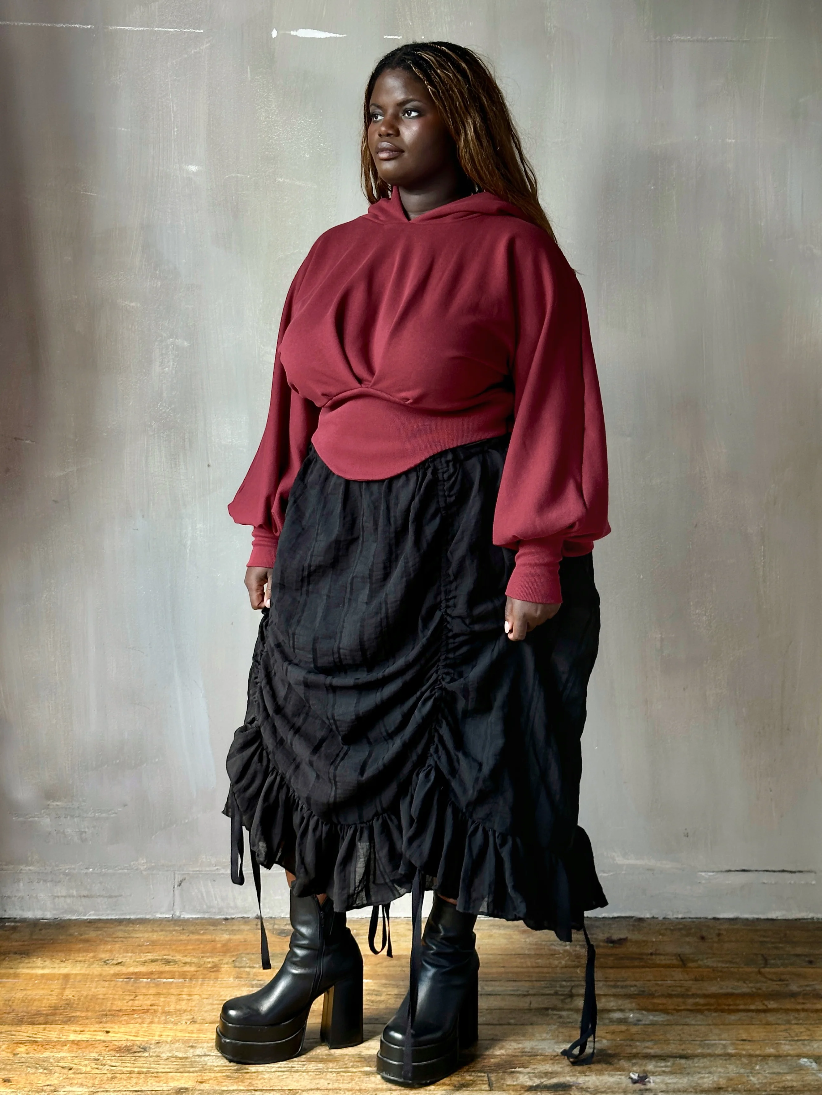 Corset Waist Hoodie in Oxblood Organic Fleece (In-Stock) - Image 17
