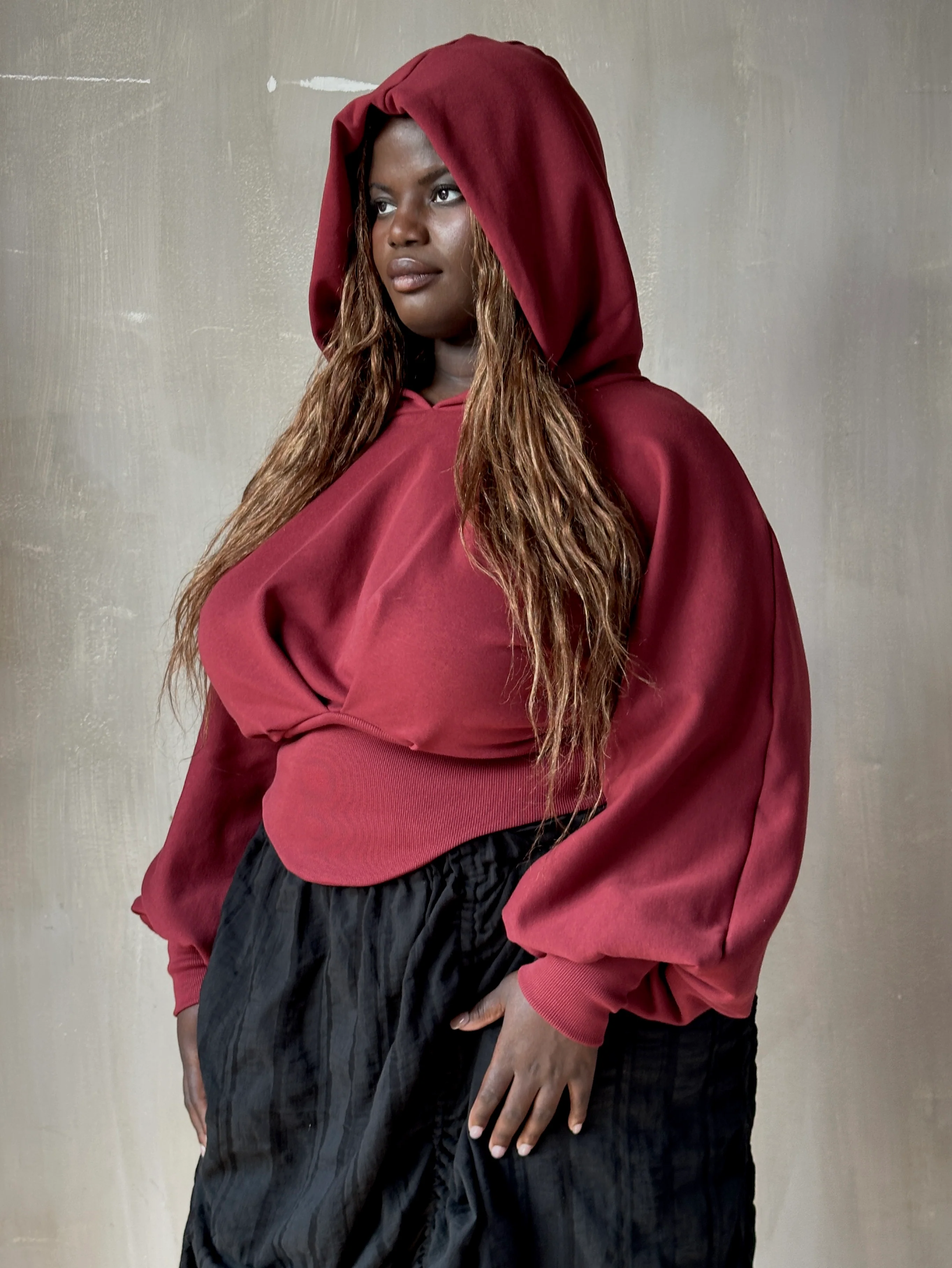 Corset Waist Hoodie in Oxblood Organic Fleece (In-Stock) - Image 2