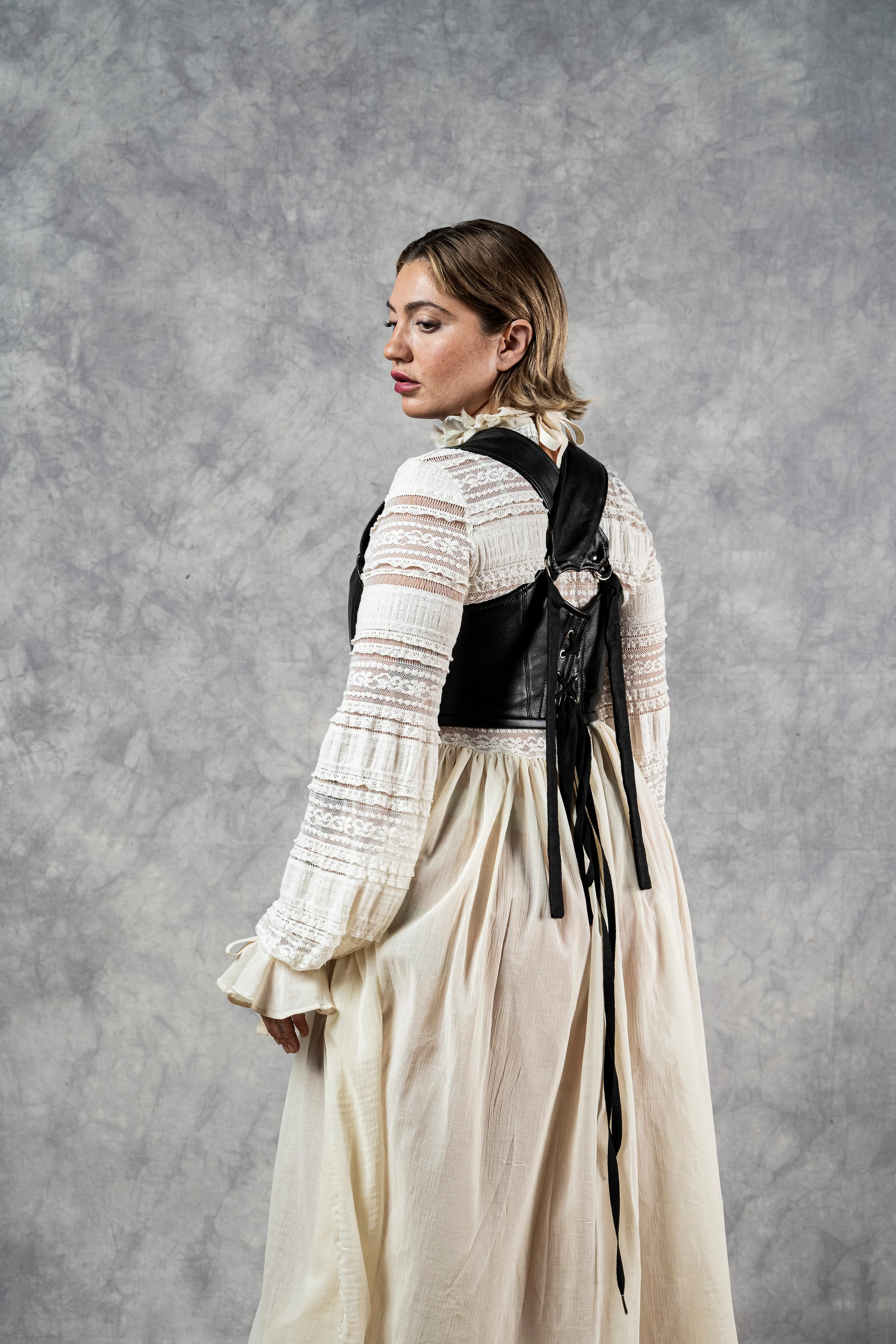 "Edith" Lace High Collar Dress in Ivory - Image 23