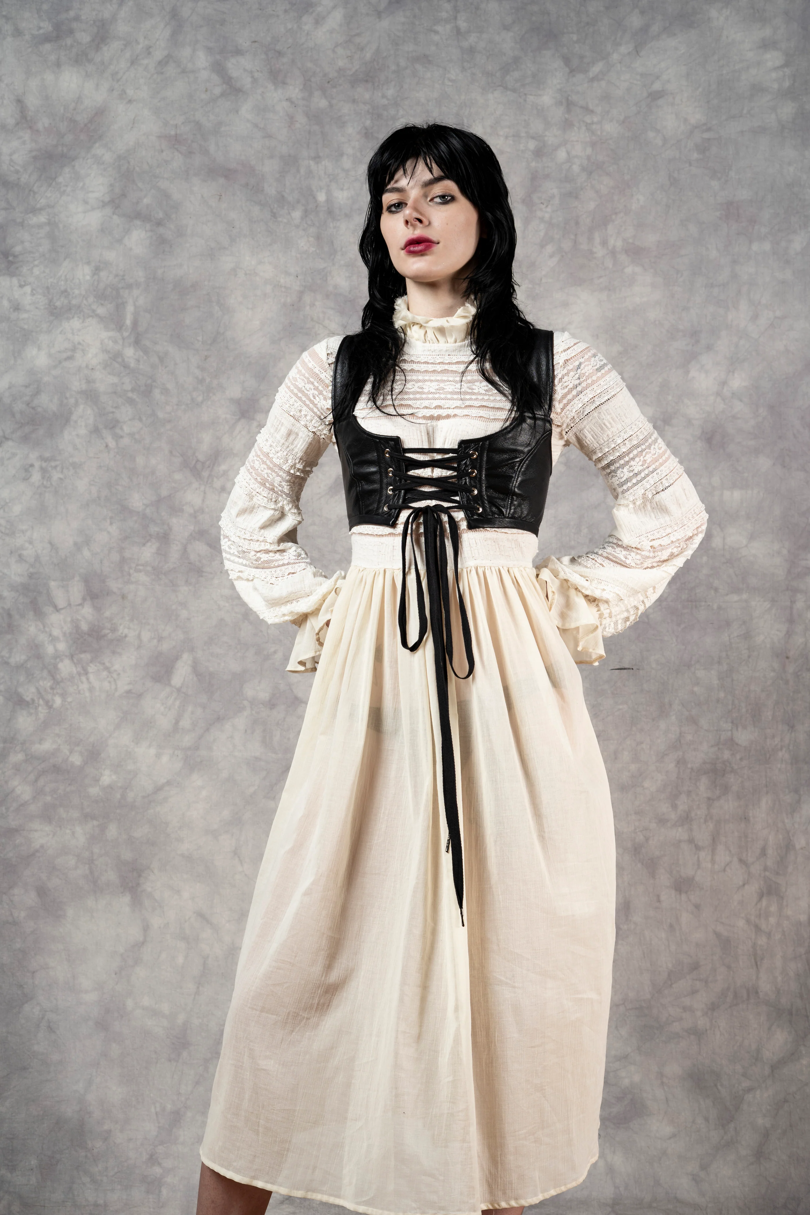 "Edith" Lace High Collar Dress in Ivory - Image 26