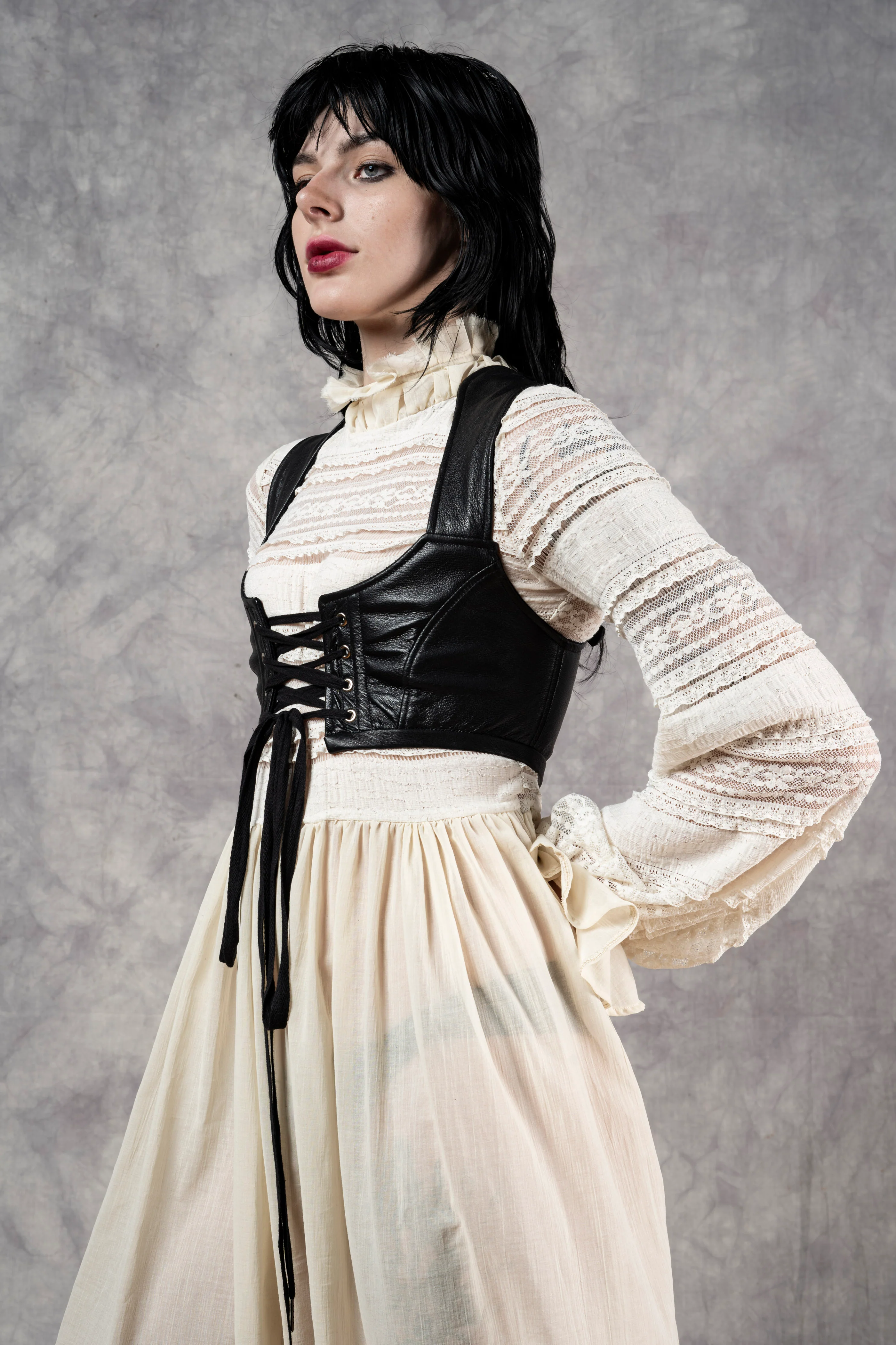 "Edith" Lace High Collar Dress in Ivory - Image 30