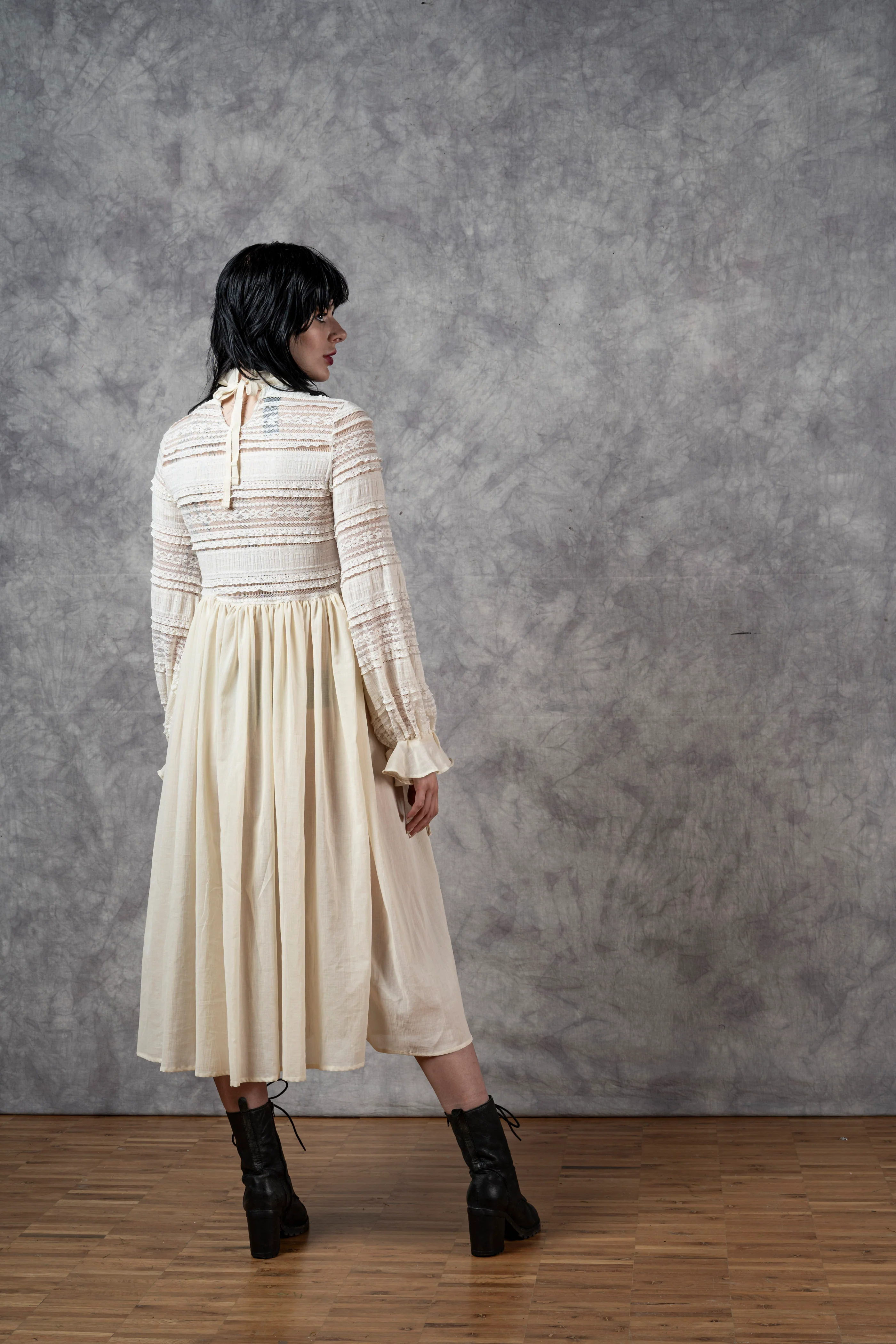 "Edith" Lace High Collar Dress in Ivory - Image 41