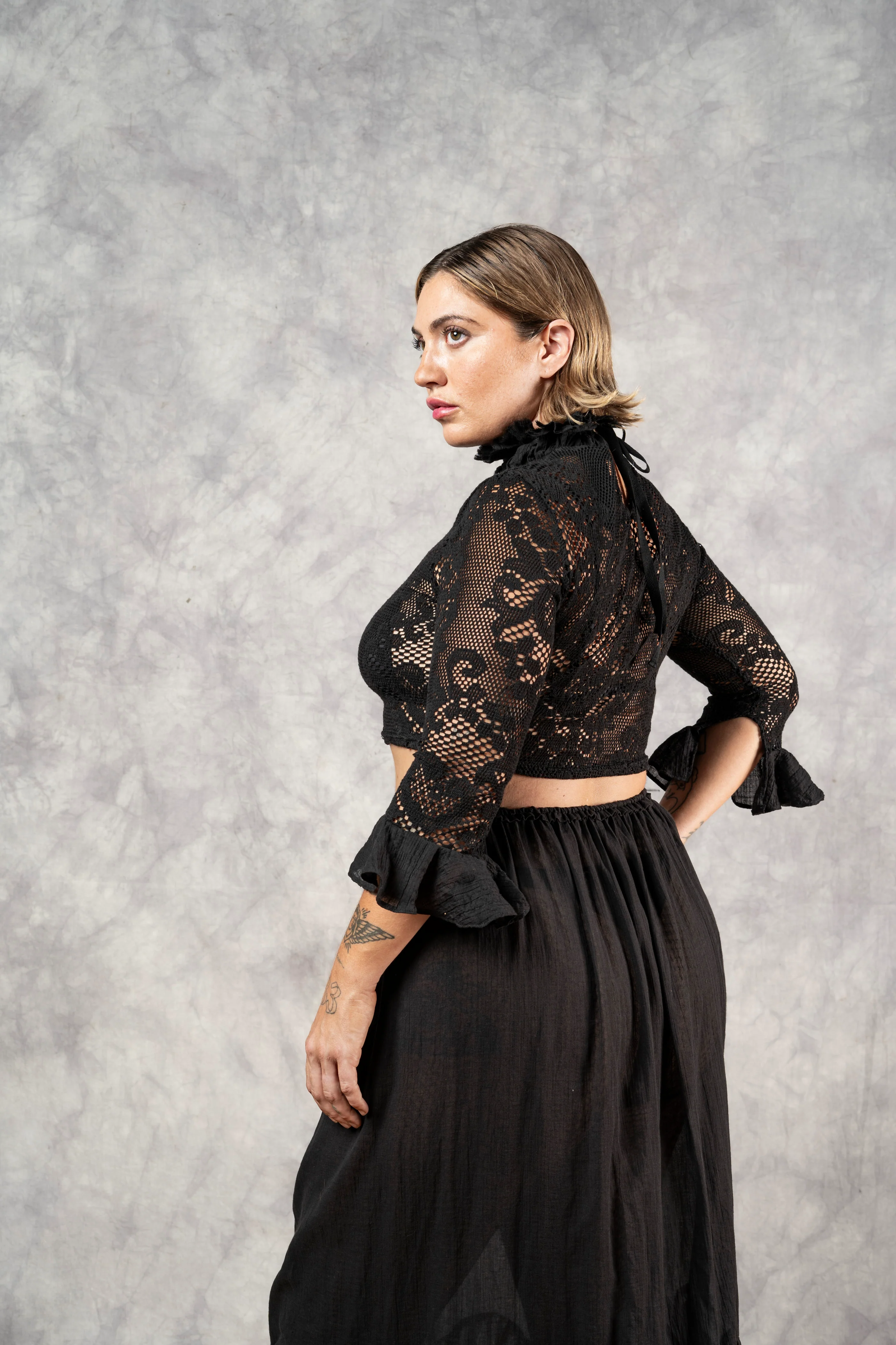 Lace High Collar Top in Black - Image 7