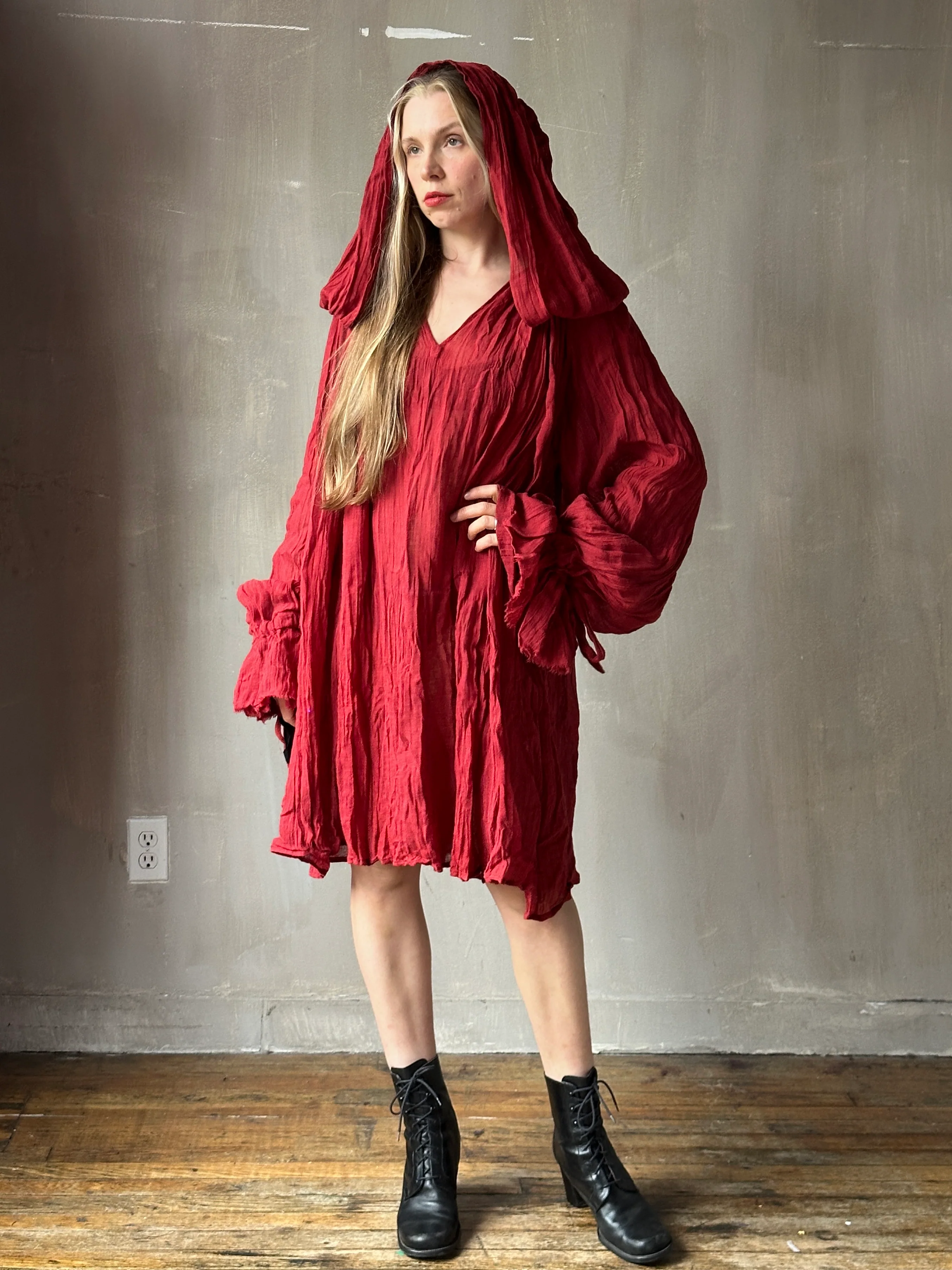 Hooded Alchemist Chemise in Burnt Red Linen - Image 3
