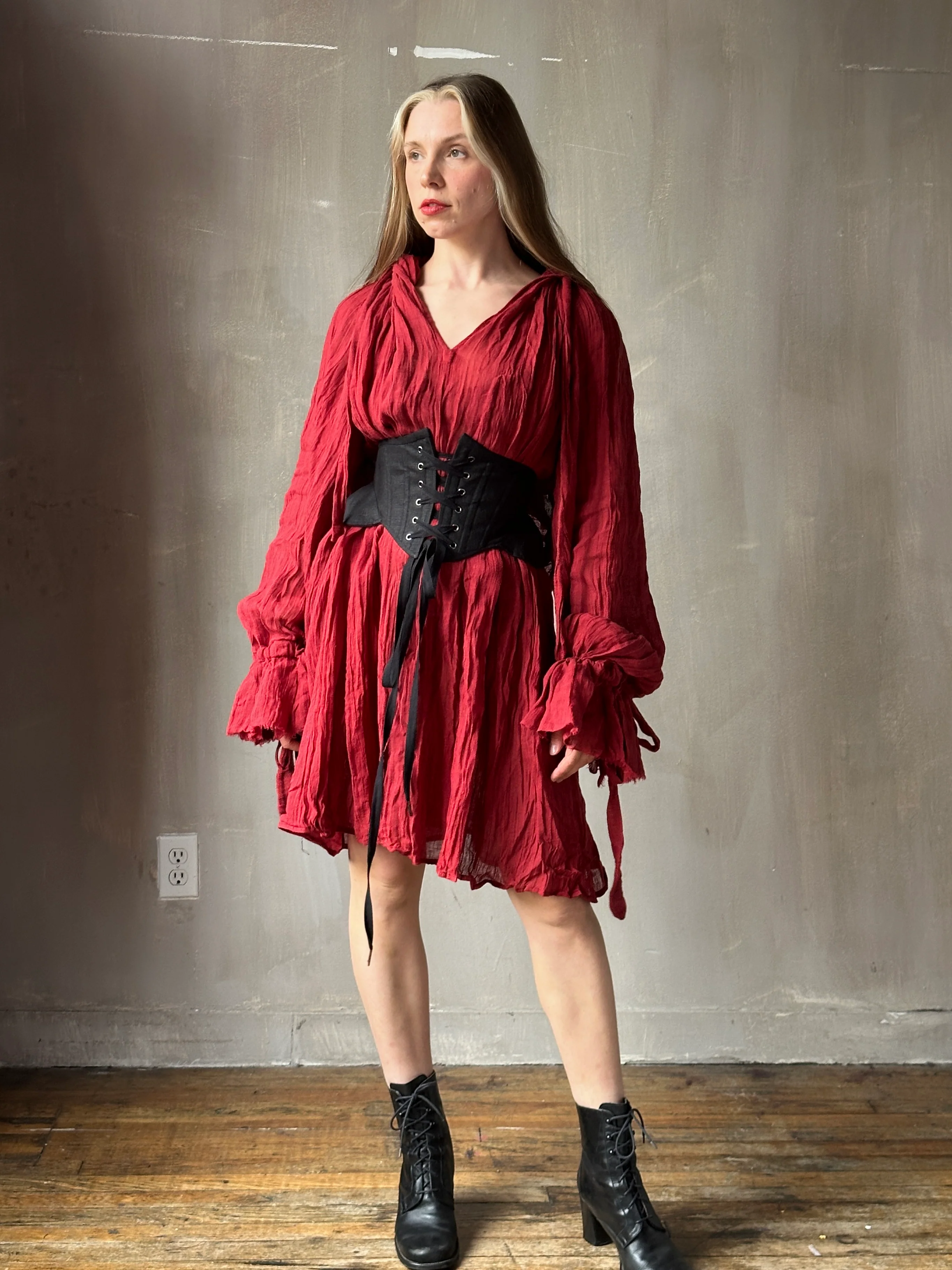 Hooded Alchemist Chemise in Burnt Red Linen - Image 5