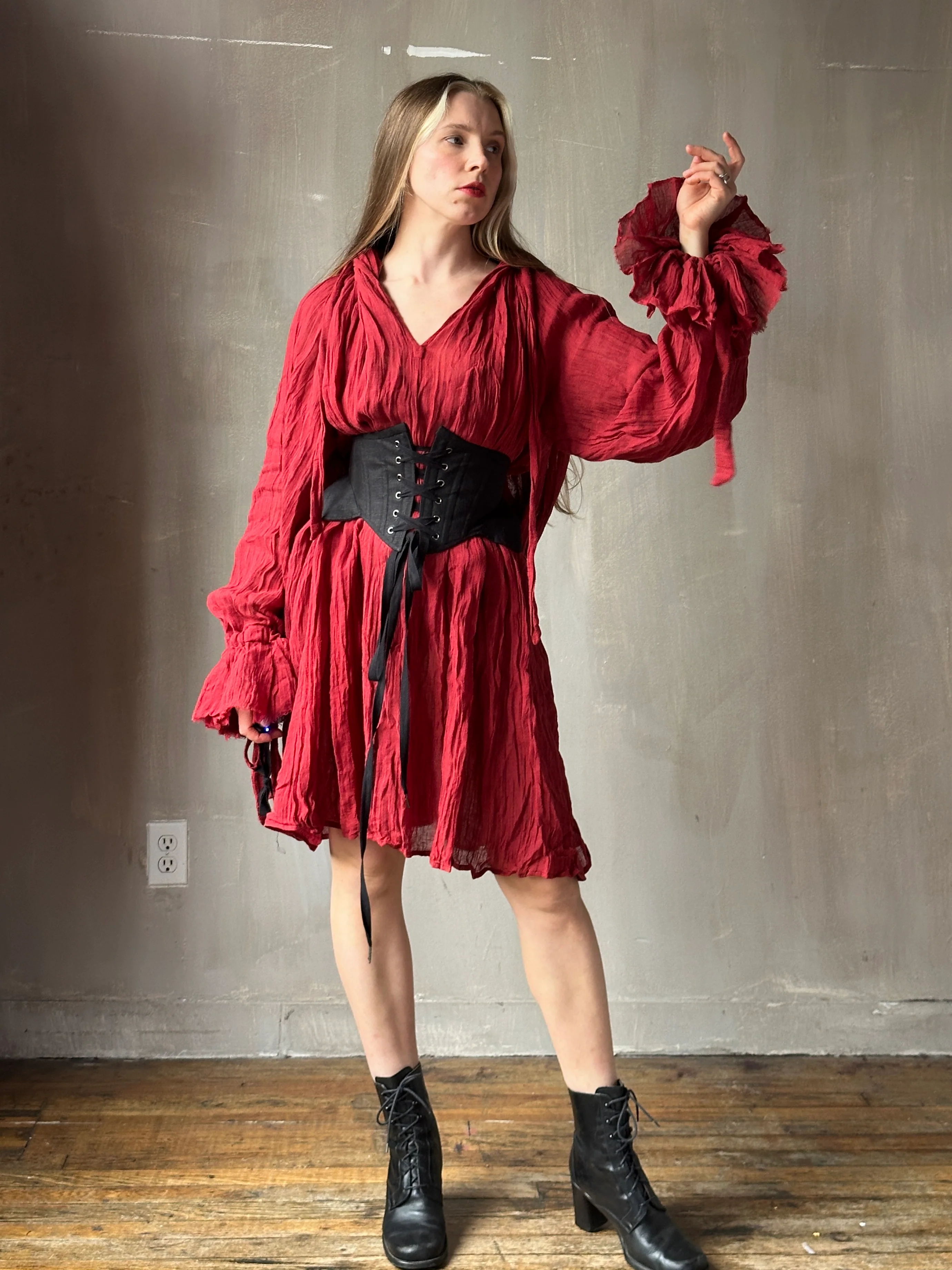 Hooded Alchemist Chemise in Burnt Red Linen - Image 6