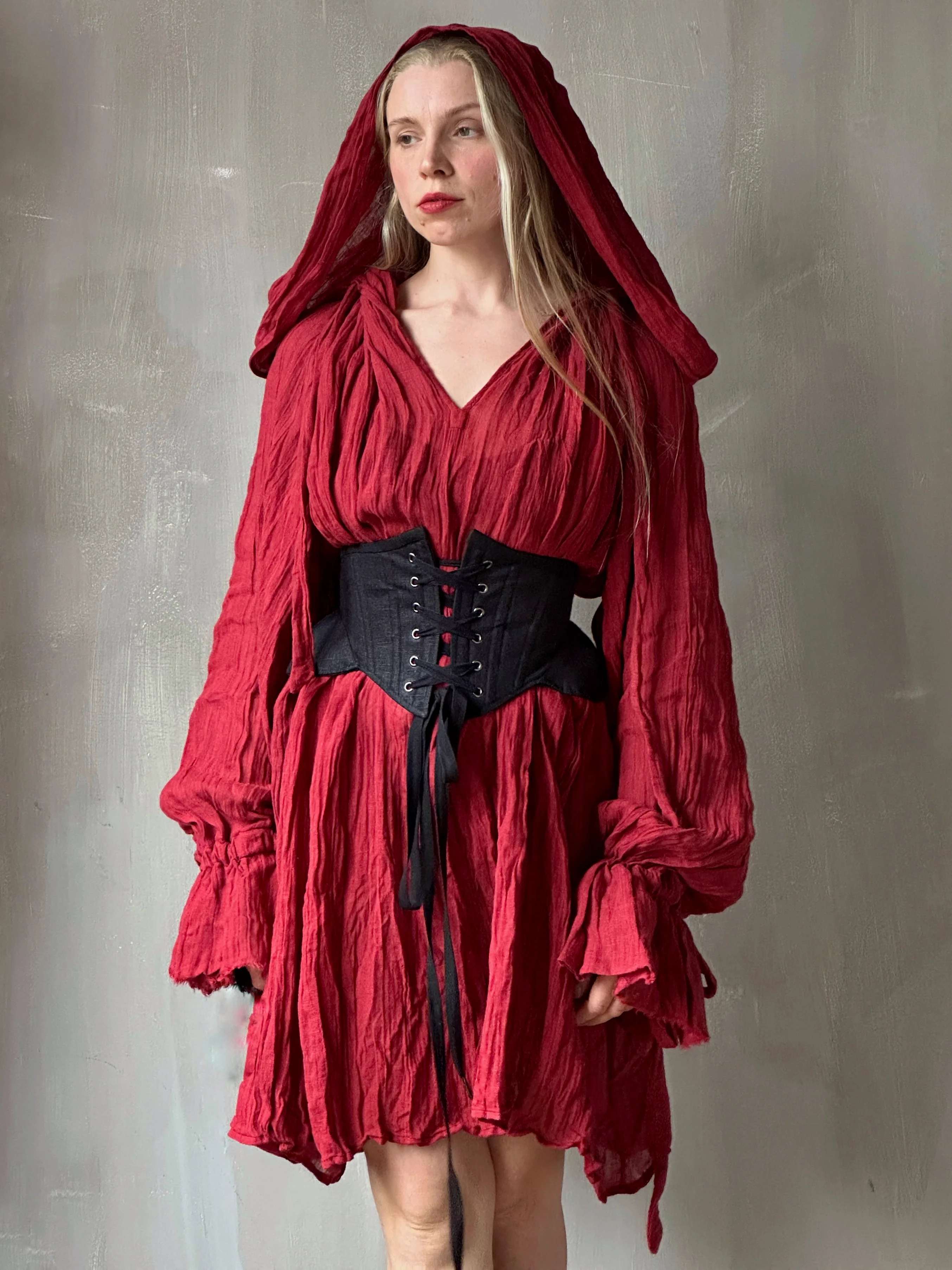 Hooded Alchemist Chemise in Burnt Red Linen - Image 7
