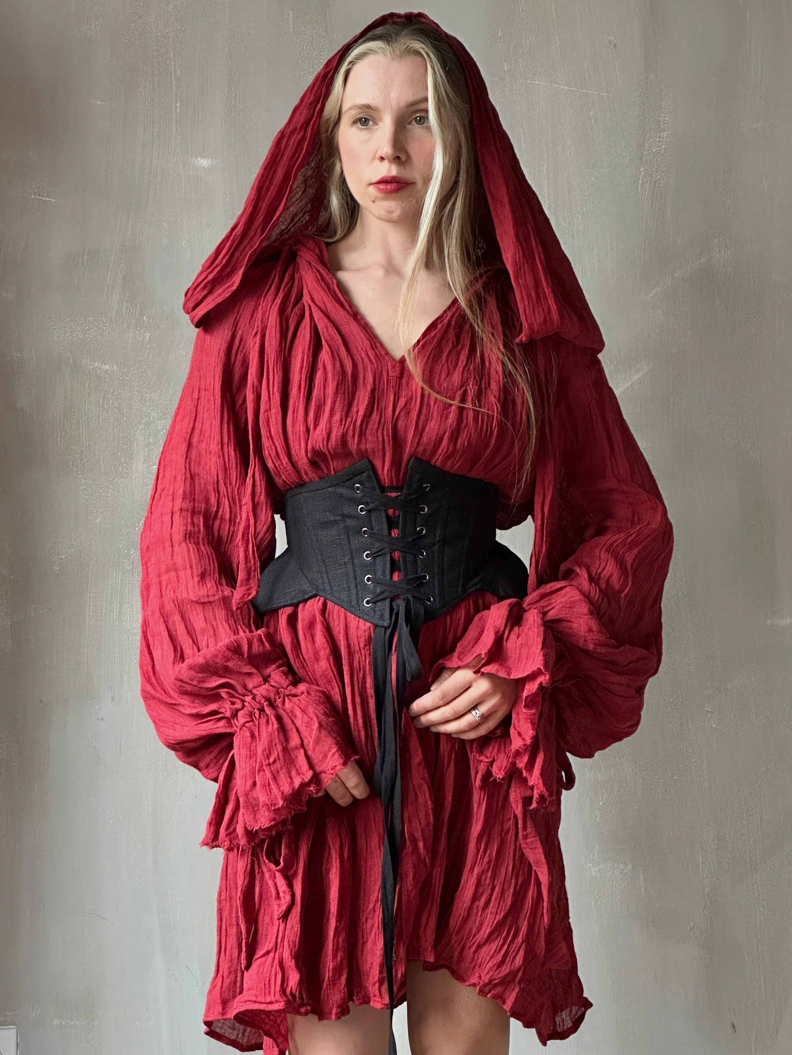 Hooded Alchemist Chemise in Burnt Red Linen - Image 8