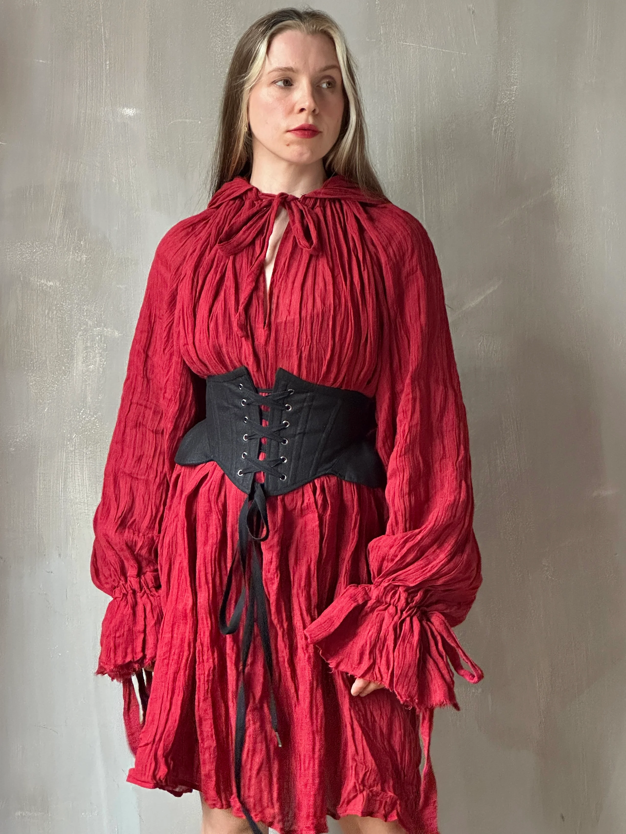 Hooded Alchemist Chemise in Burnt Red Linen - Image 9