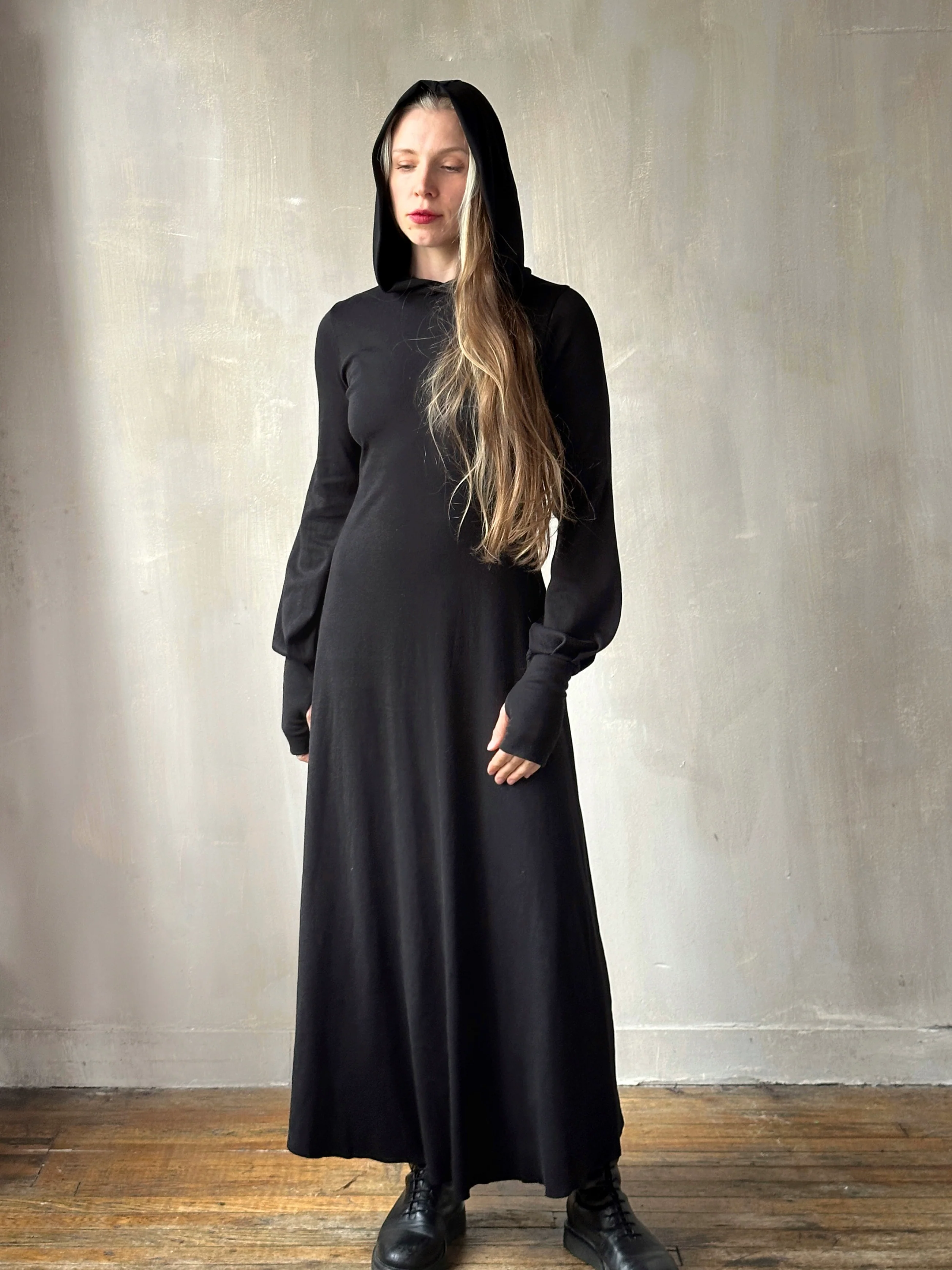 "Temple" Maxi Dress w/Hood in Black (In-Stock) - Image 2