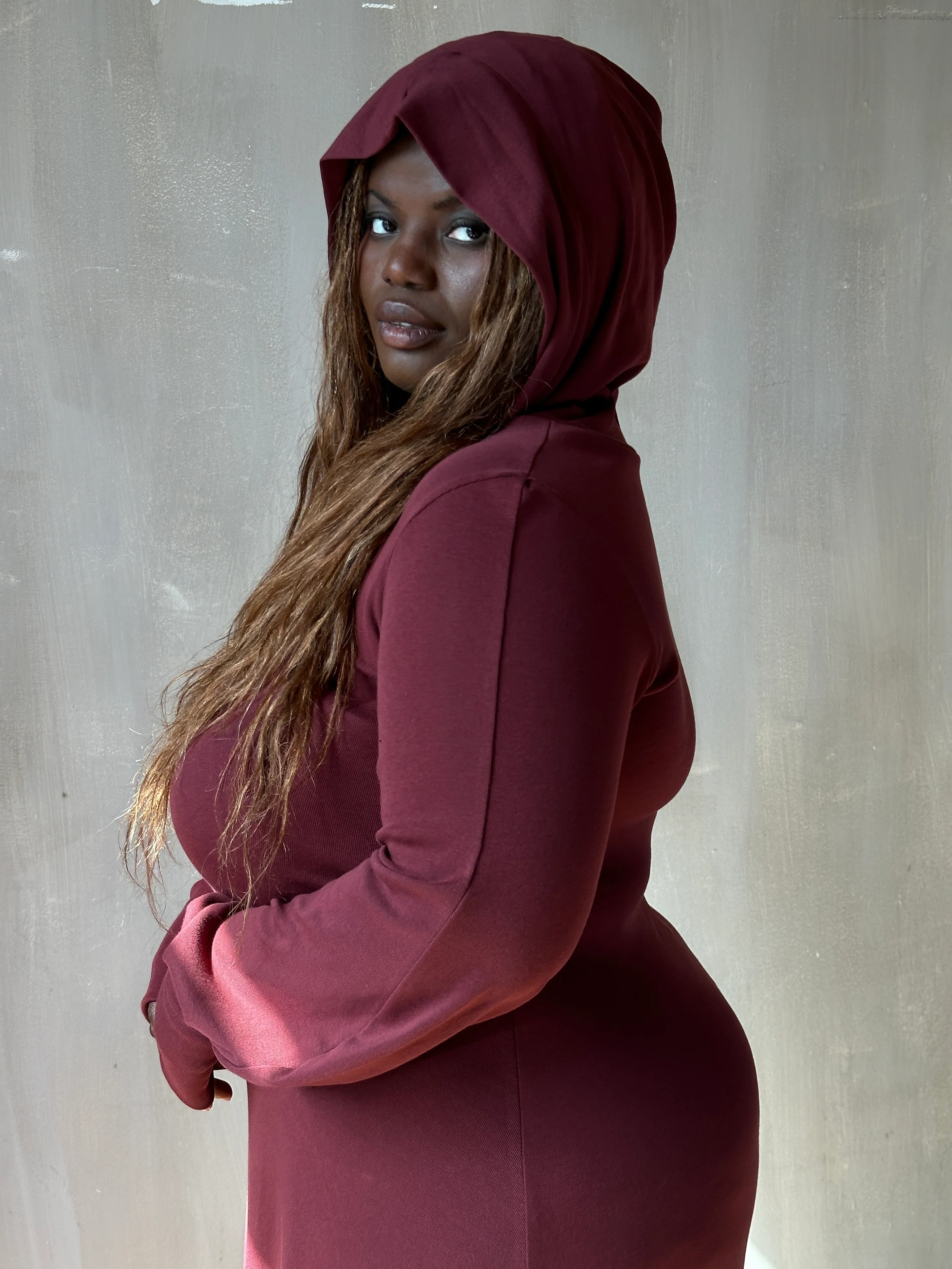 "Temple" Maxi Dress w/Hood in Plum Wine (In-Stock) - Image 2