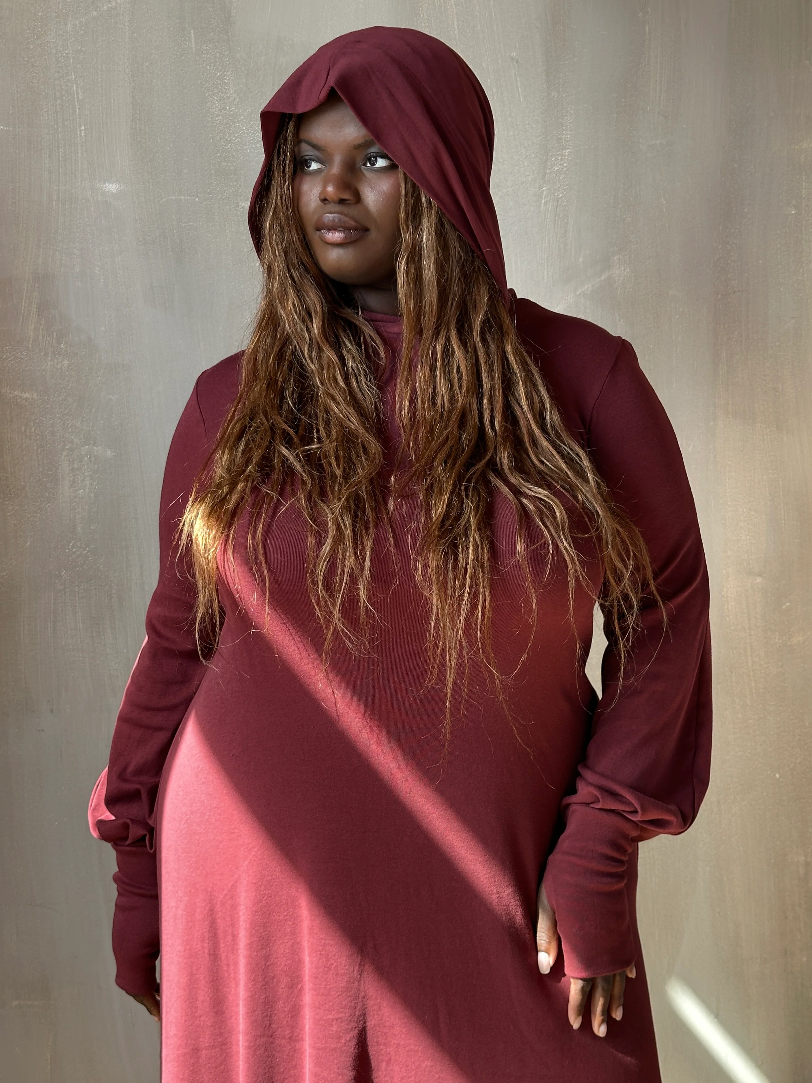 "Temple" Maxi Dress w/Hood in Plum Wine (In-Stock) - Image 9