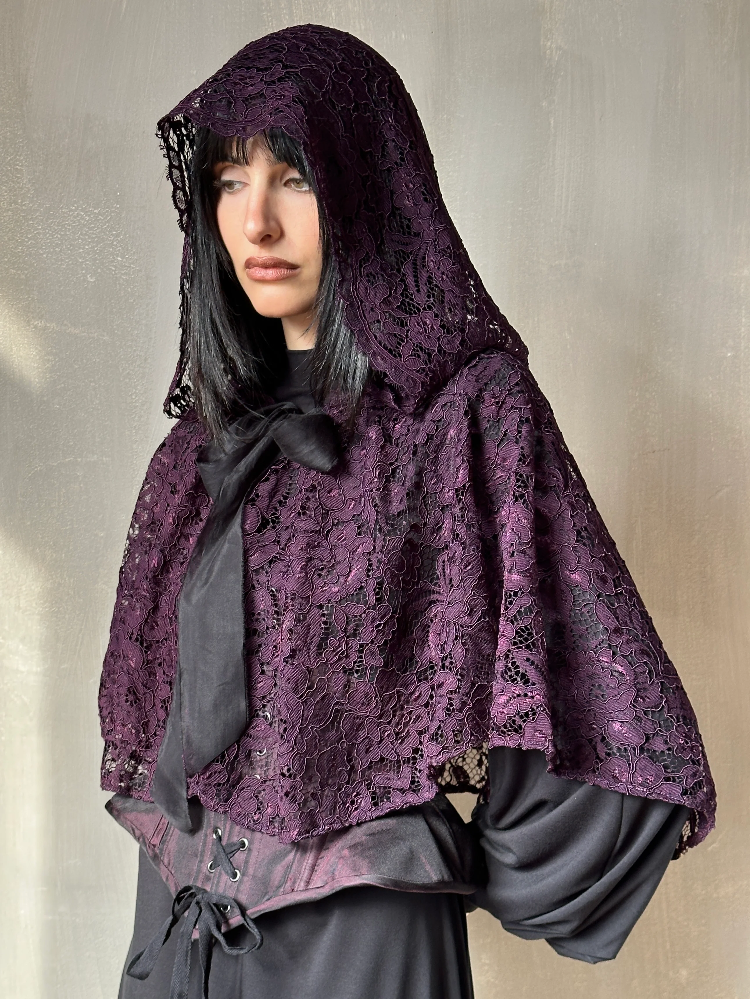 Holiday ‘24: Hooded Capelet in Mourning Lace, Black Purple - Image 3