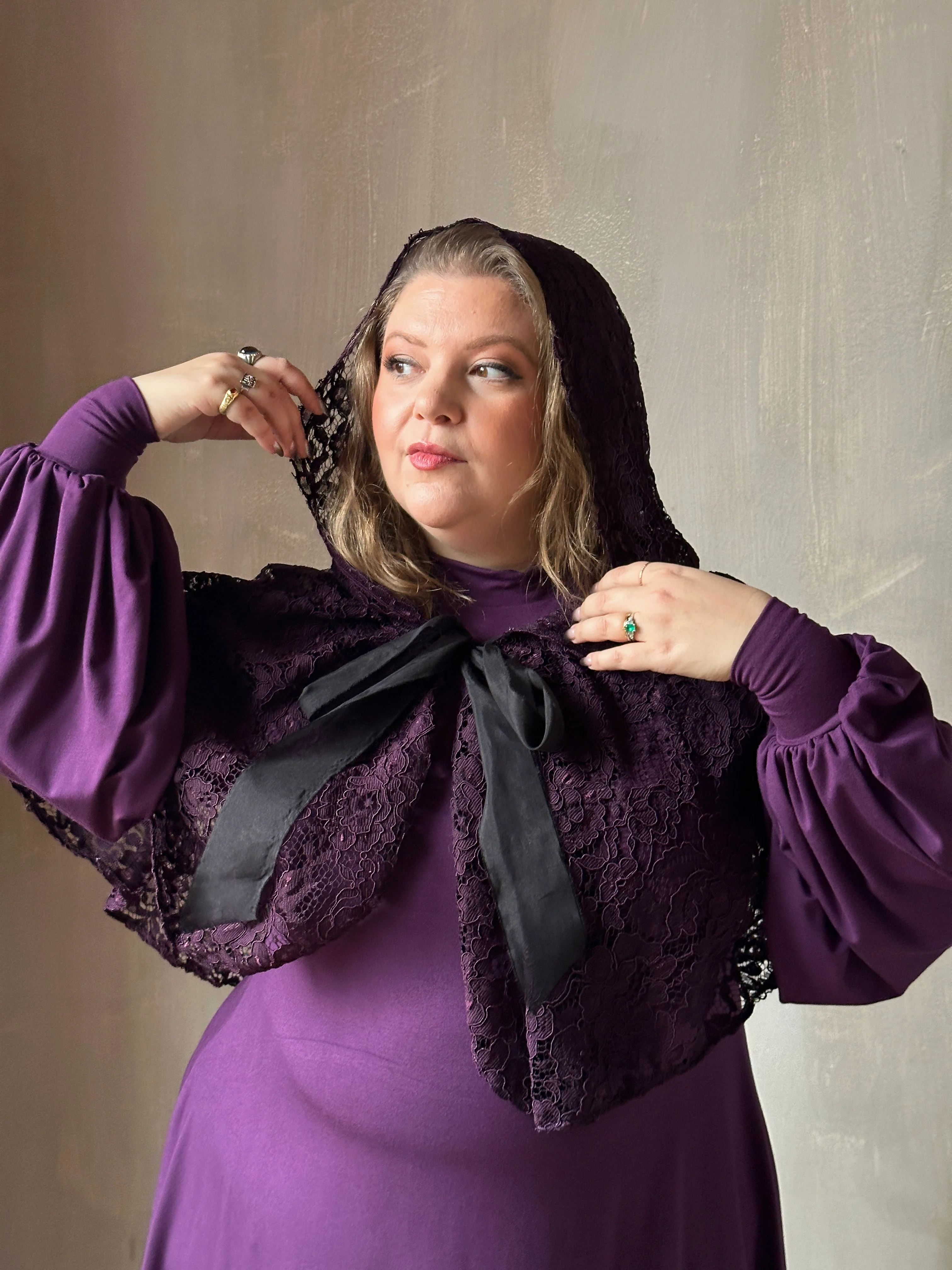 Holiday ‘24: Hooded Capelet in Mourning Lace, Black Purple - Image 4