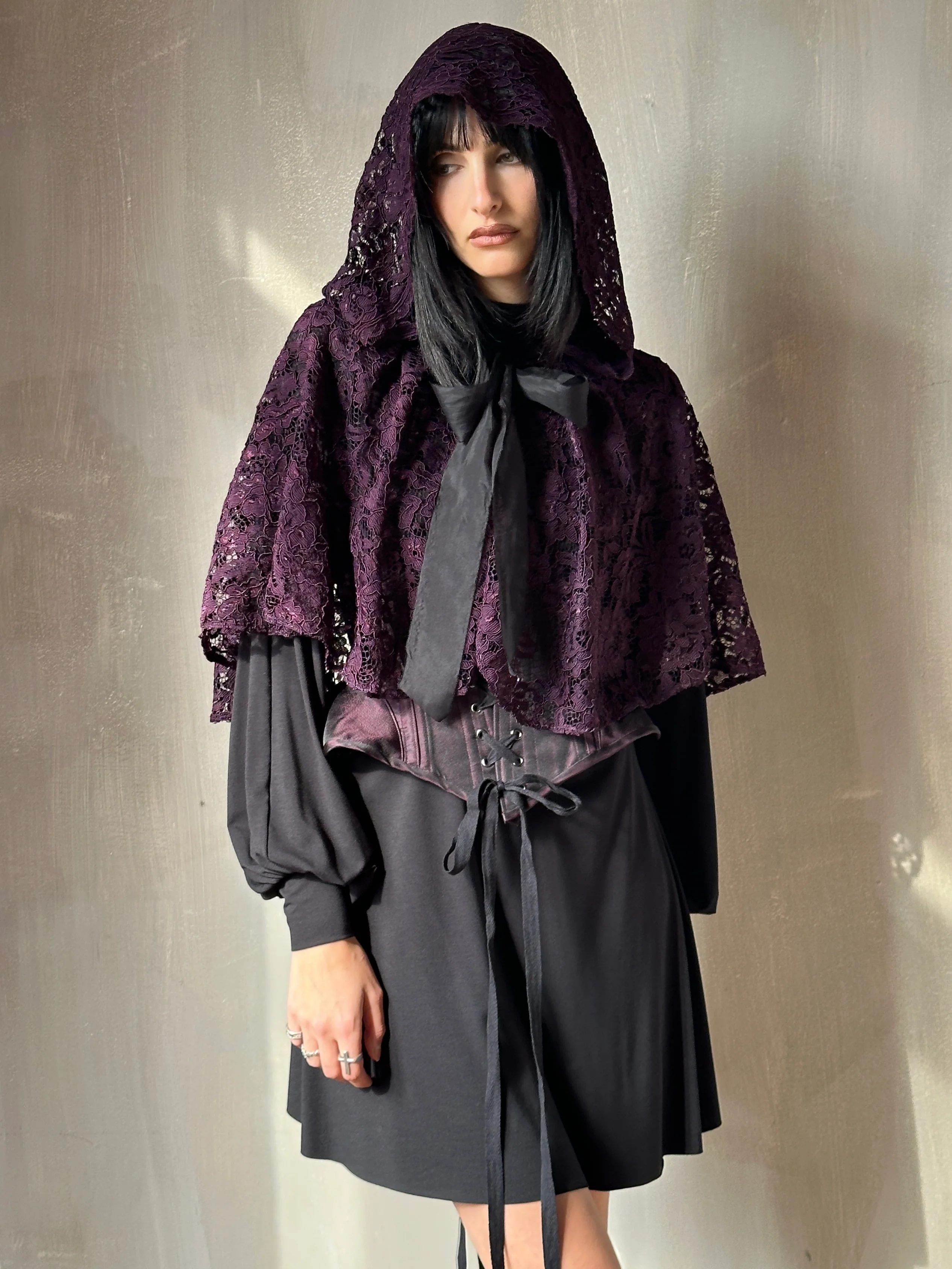 Holiday ‘24: Hooded Capelet in Mourning Lace, Black Purple - Image 6
