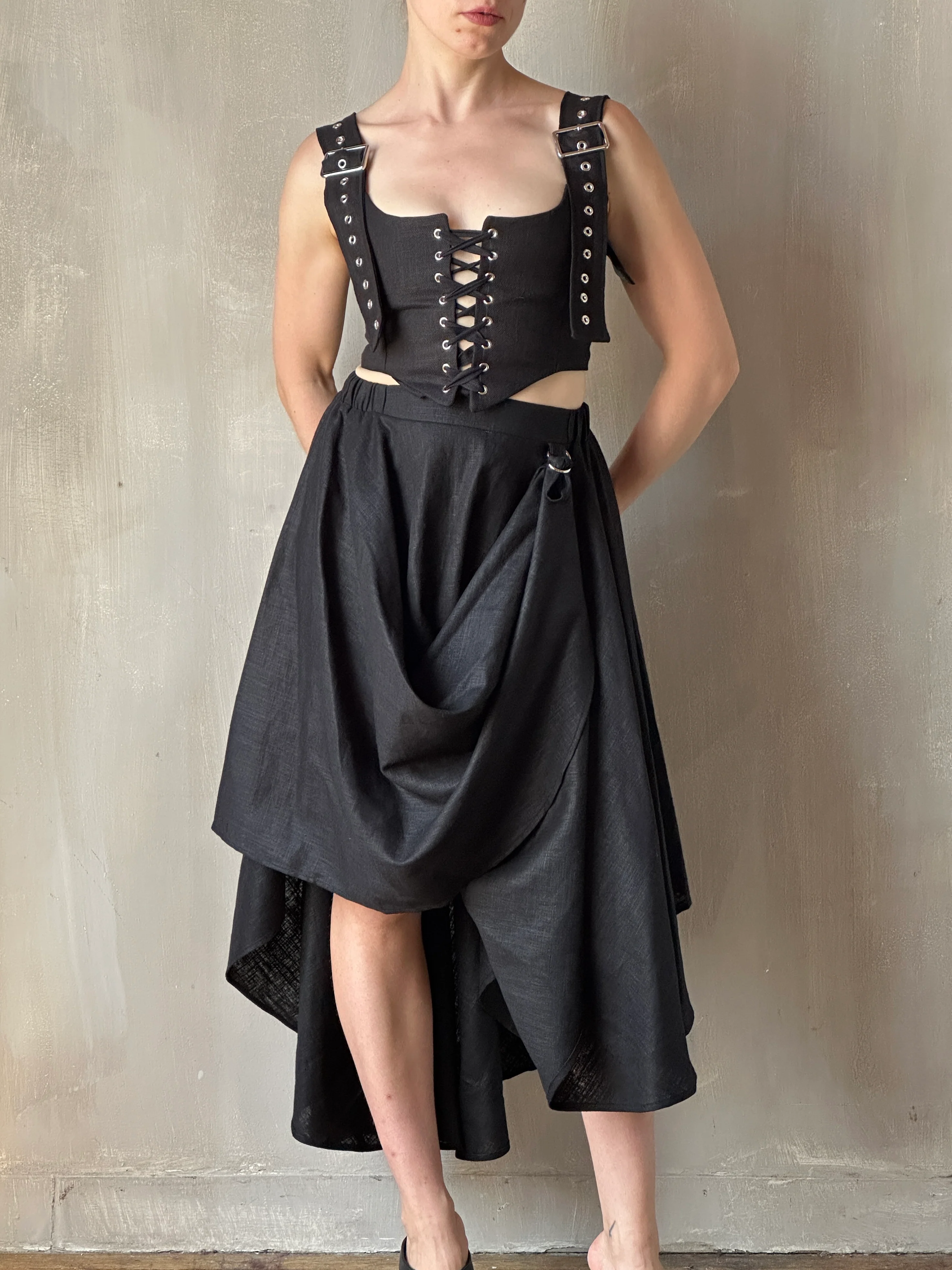 FW25: Pastorale Skirt w/Adjustable Hem in Black Linen (In Stock) - Image 11