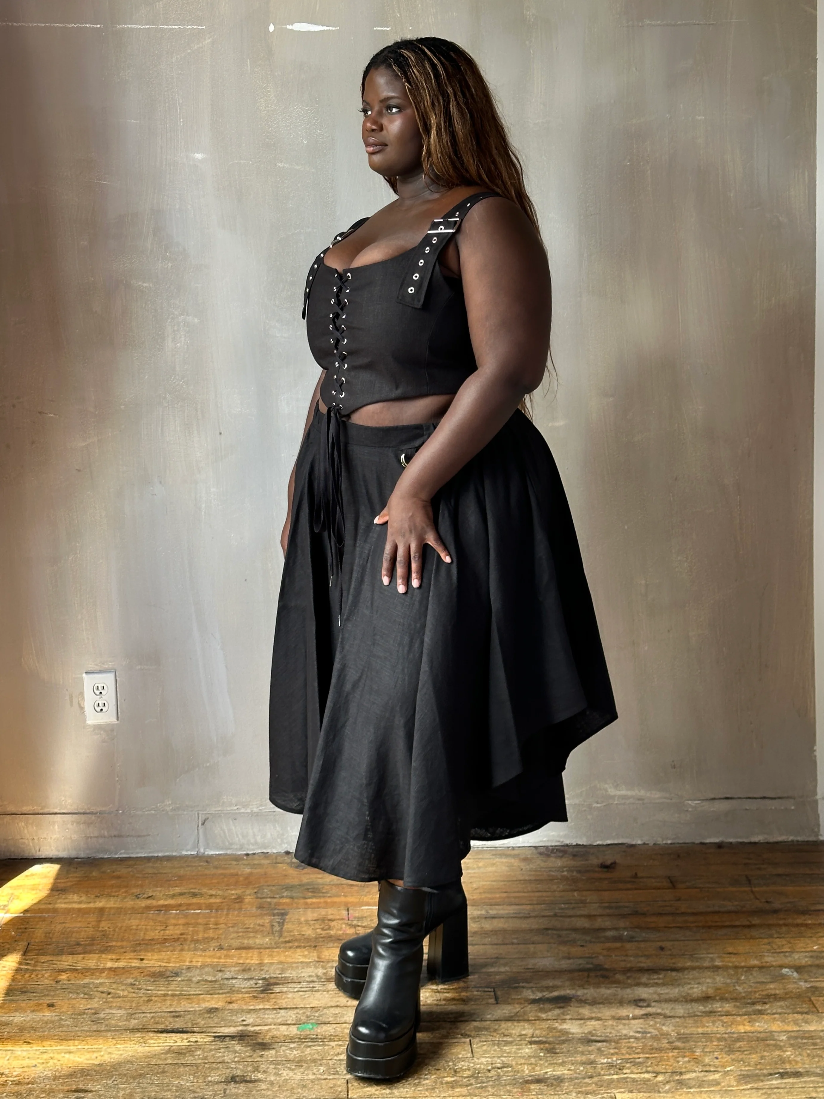 FW25: Pastorale Skirt w/Adjustable Hem in Black Linen (In Stock) - Image 14