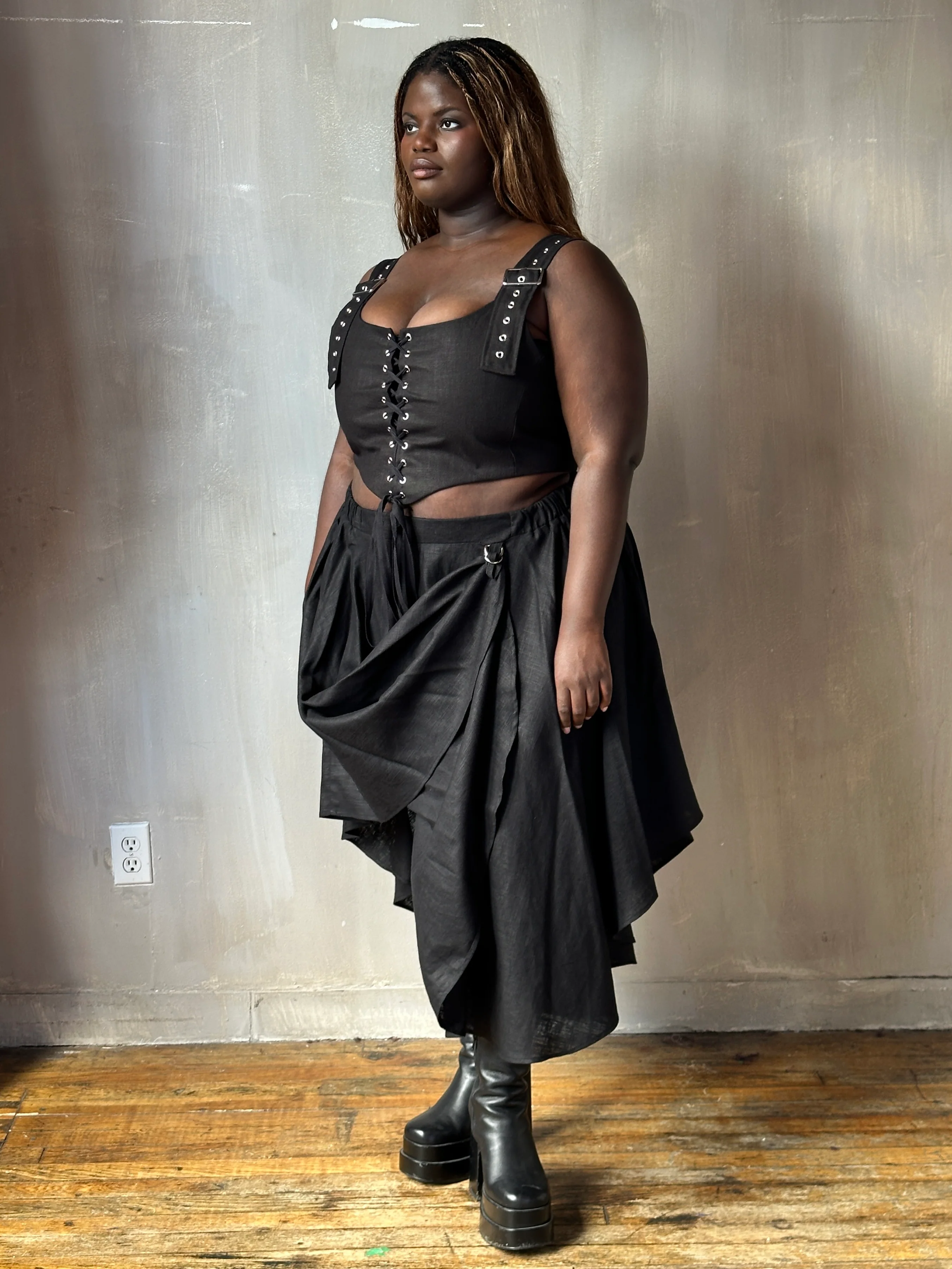 FW25: Pastorale Skirt w/Adjustable Hem in Black Linen (In Stock) - Image 16