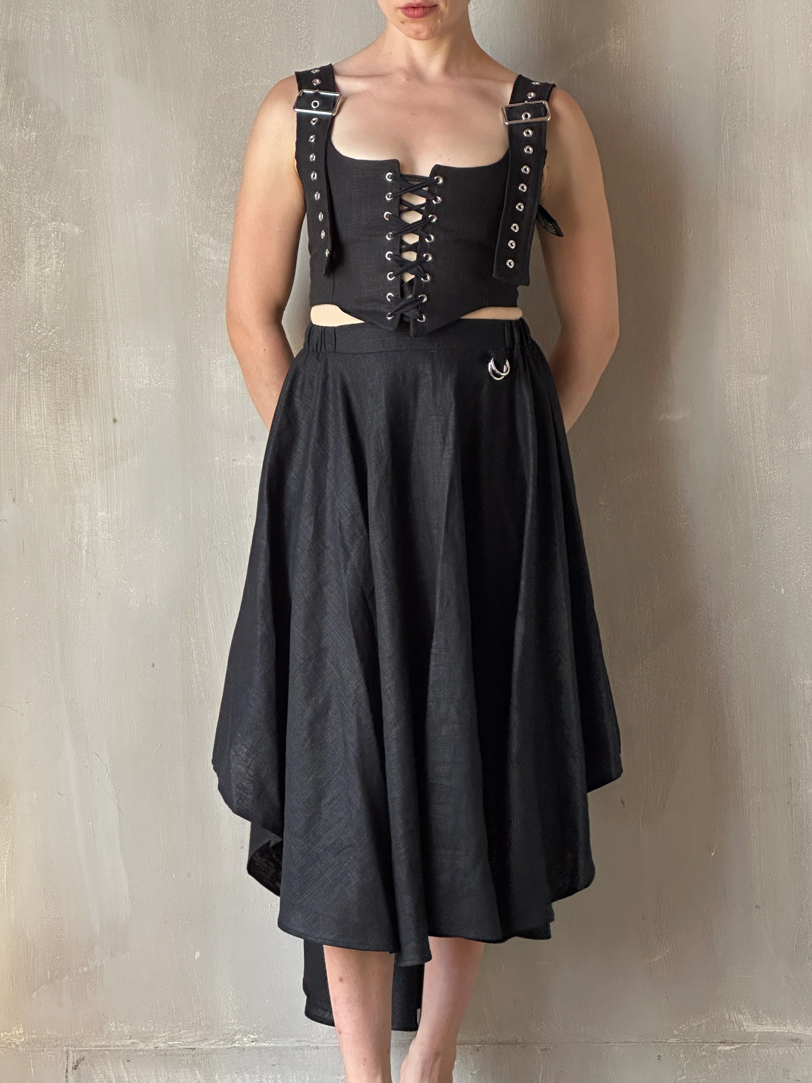 FW25: Pastorale Skirt w/Adjustable Hem in Black Linen (In Stock) - Image 3
