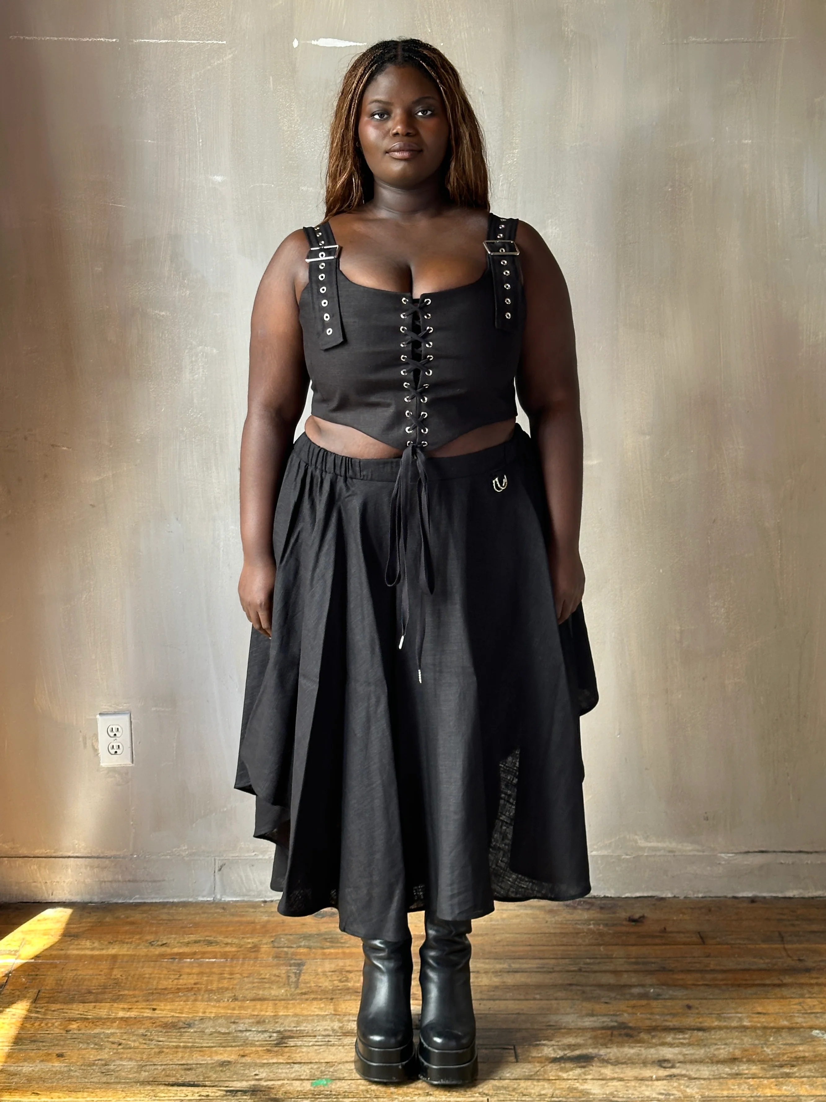 FW25: Pastorale Skirt w/Adjustable Hem in Black Linen (In Stock) - Image 4