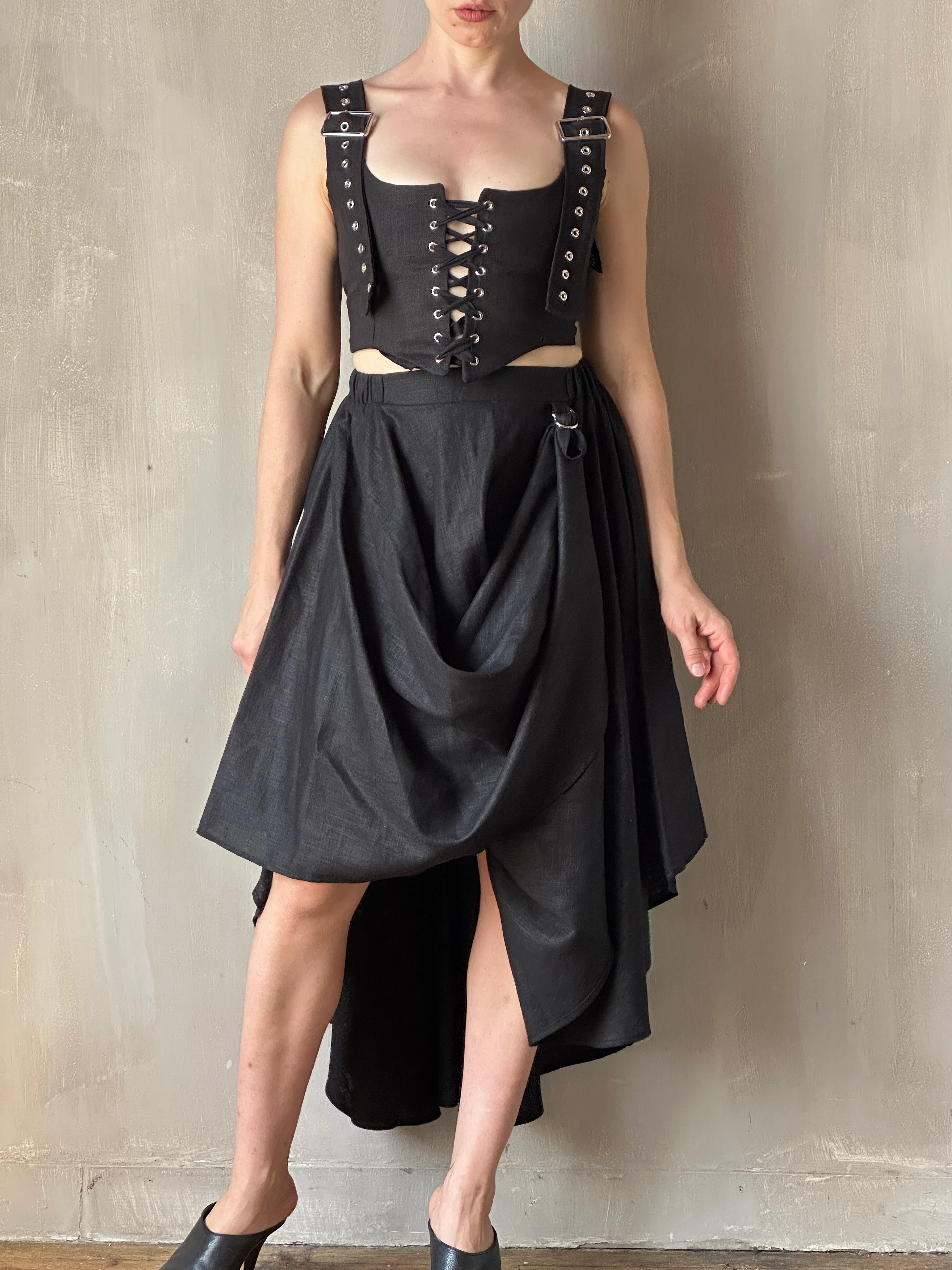 FW25: Pastorale Skirt w/Adjustable Hem in Black Linen (In Stock) - Image 5