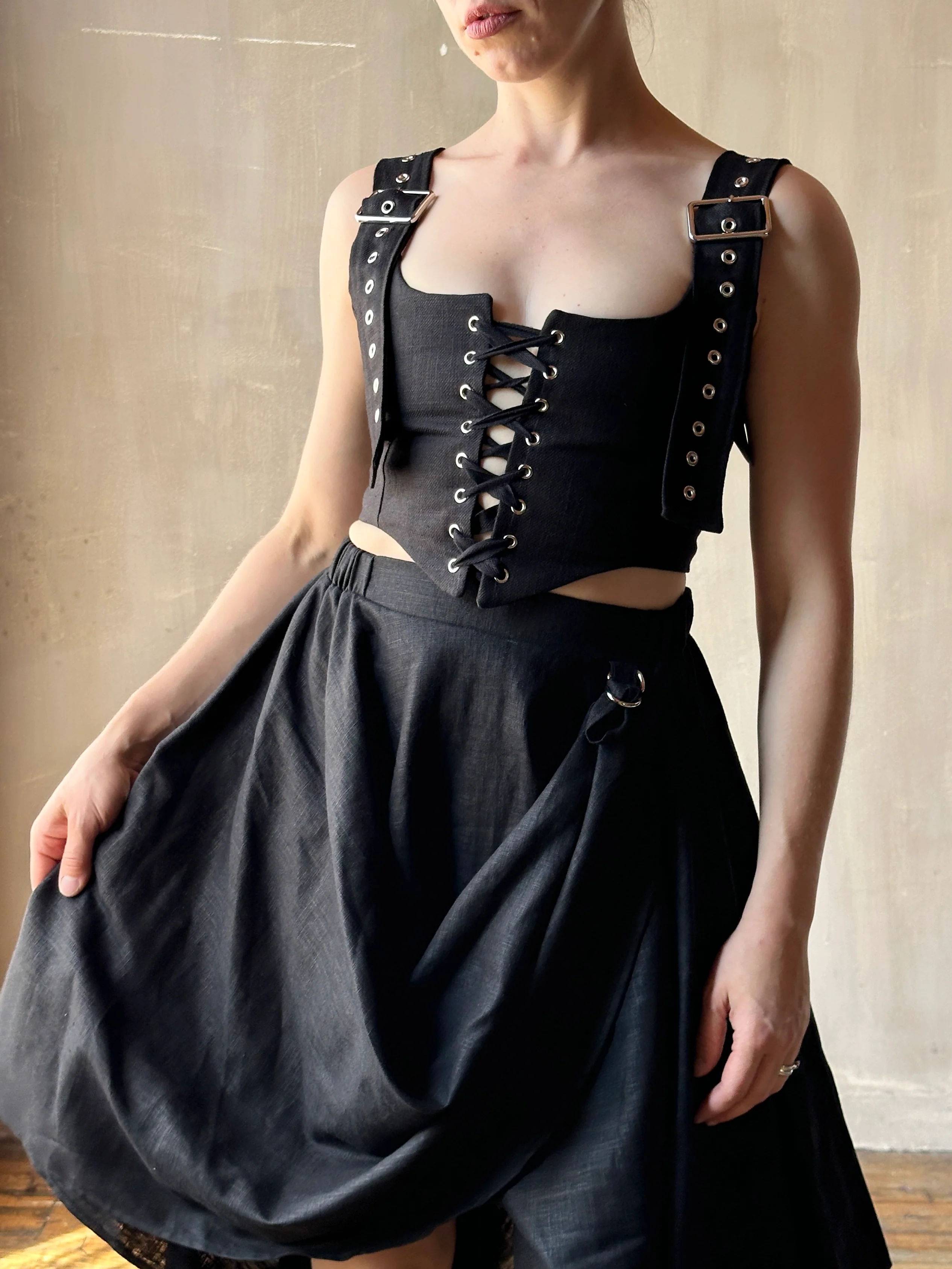 FW25: Pastorale Skirt w/Adjustable Hem in Black Linen (In Stock) - Image 6
