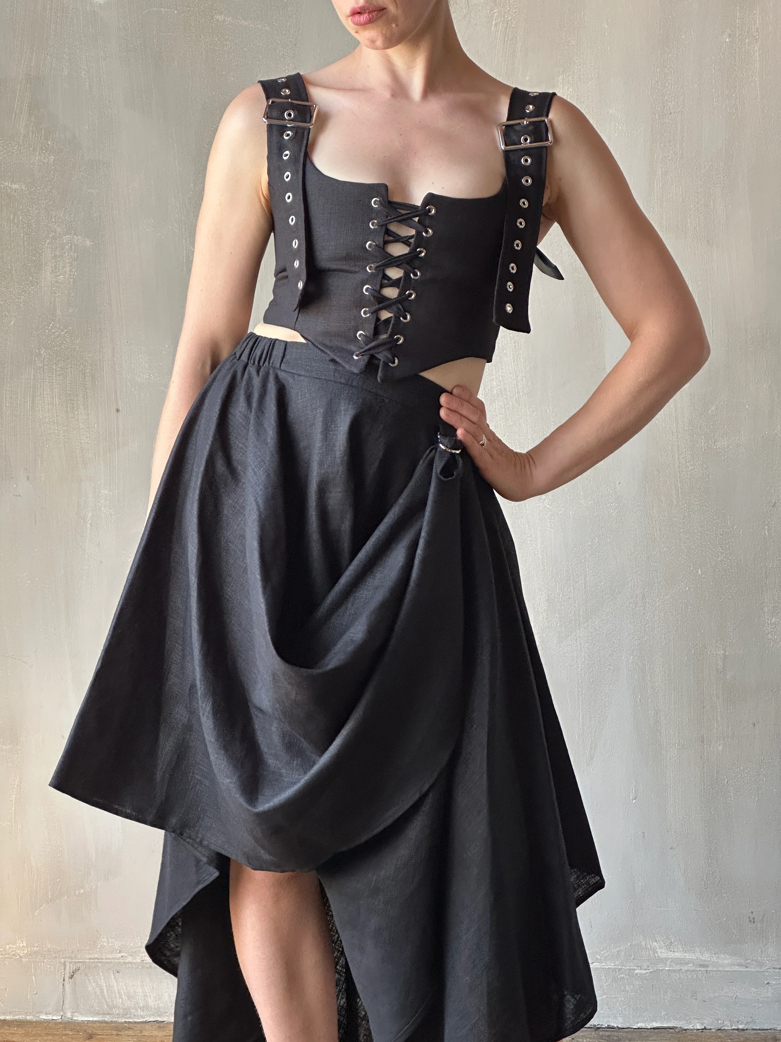 FW25: Pastorale Skirt w/Adjustable Hem in Black Linen (In Stock) - Image 9