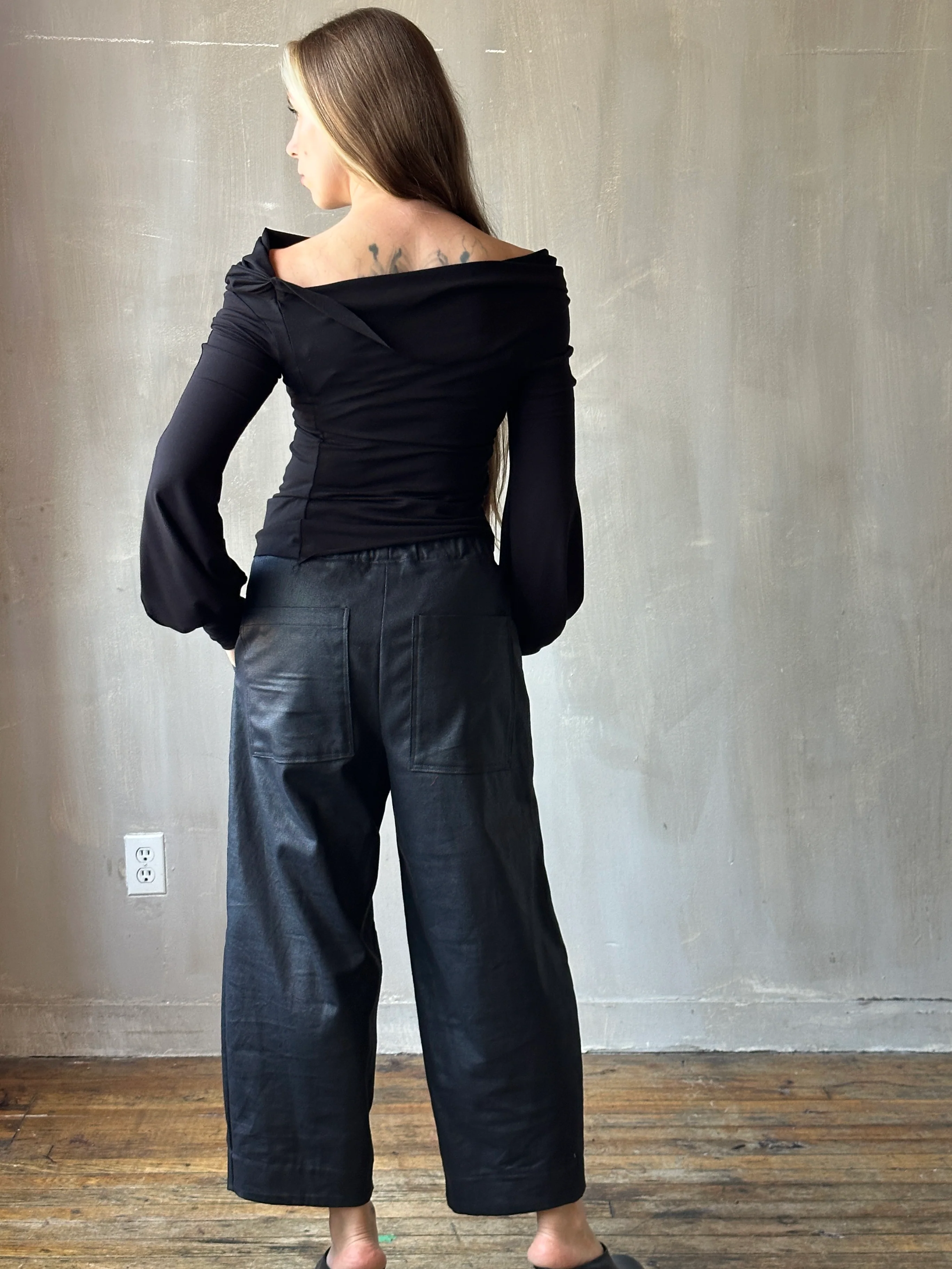 FW25: Double Waistband Barrel Trouser in Waxed Black (Pre-Order, Limited Edition) - Image 4