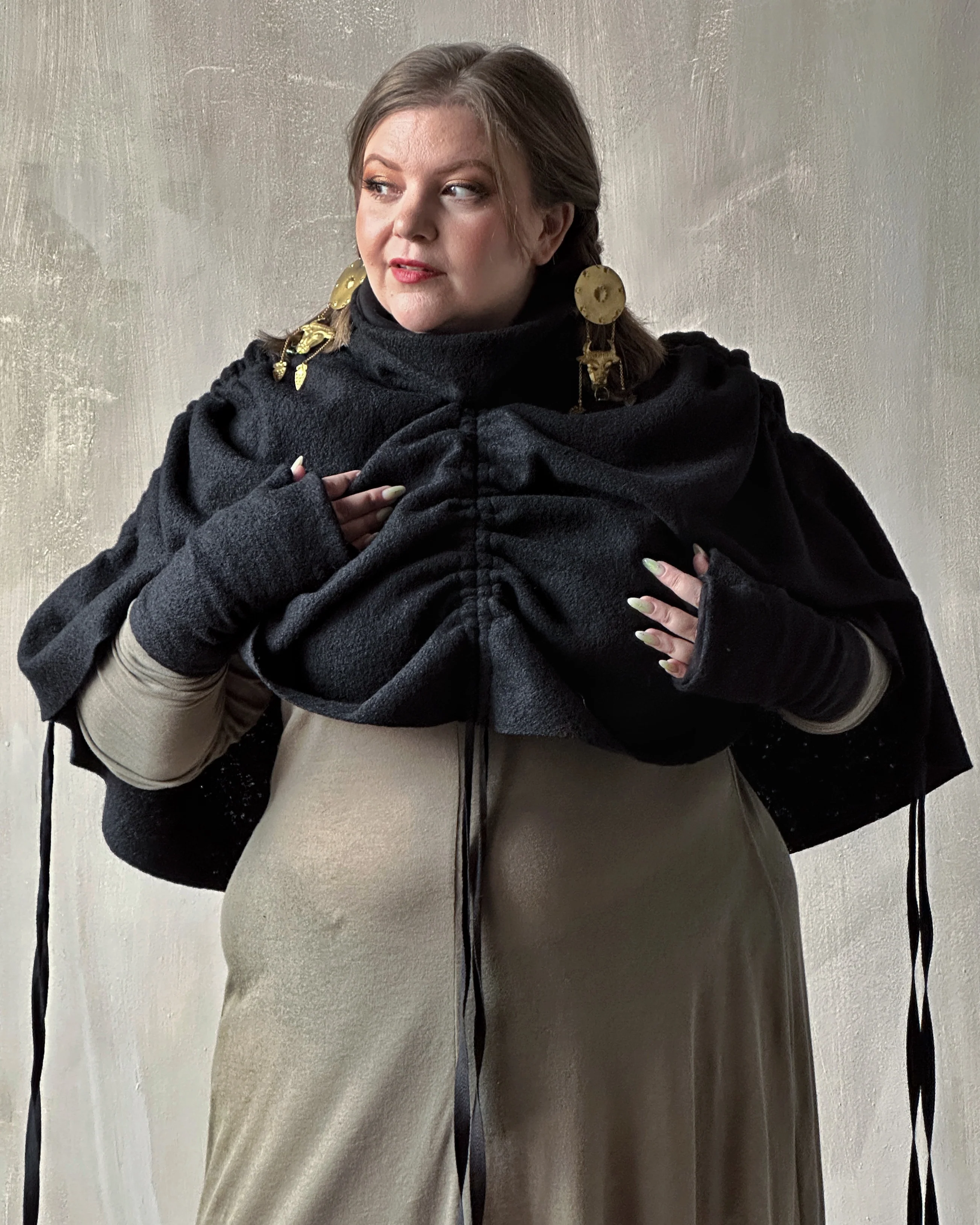 Ruched Capelet in Black Wool - Image 6