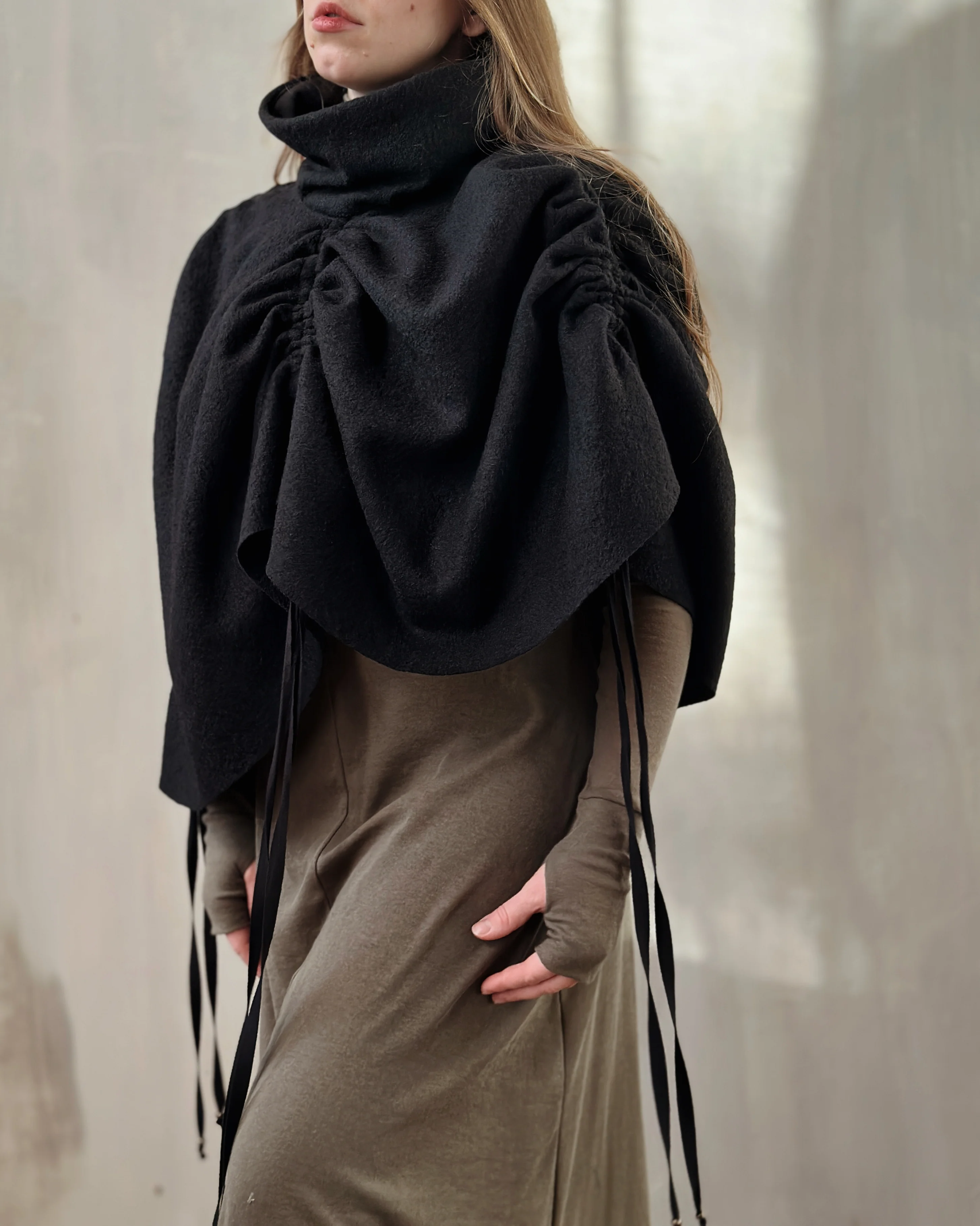 Ruched Capelet in Black Wool - Image 9