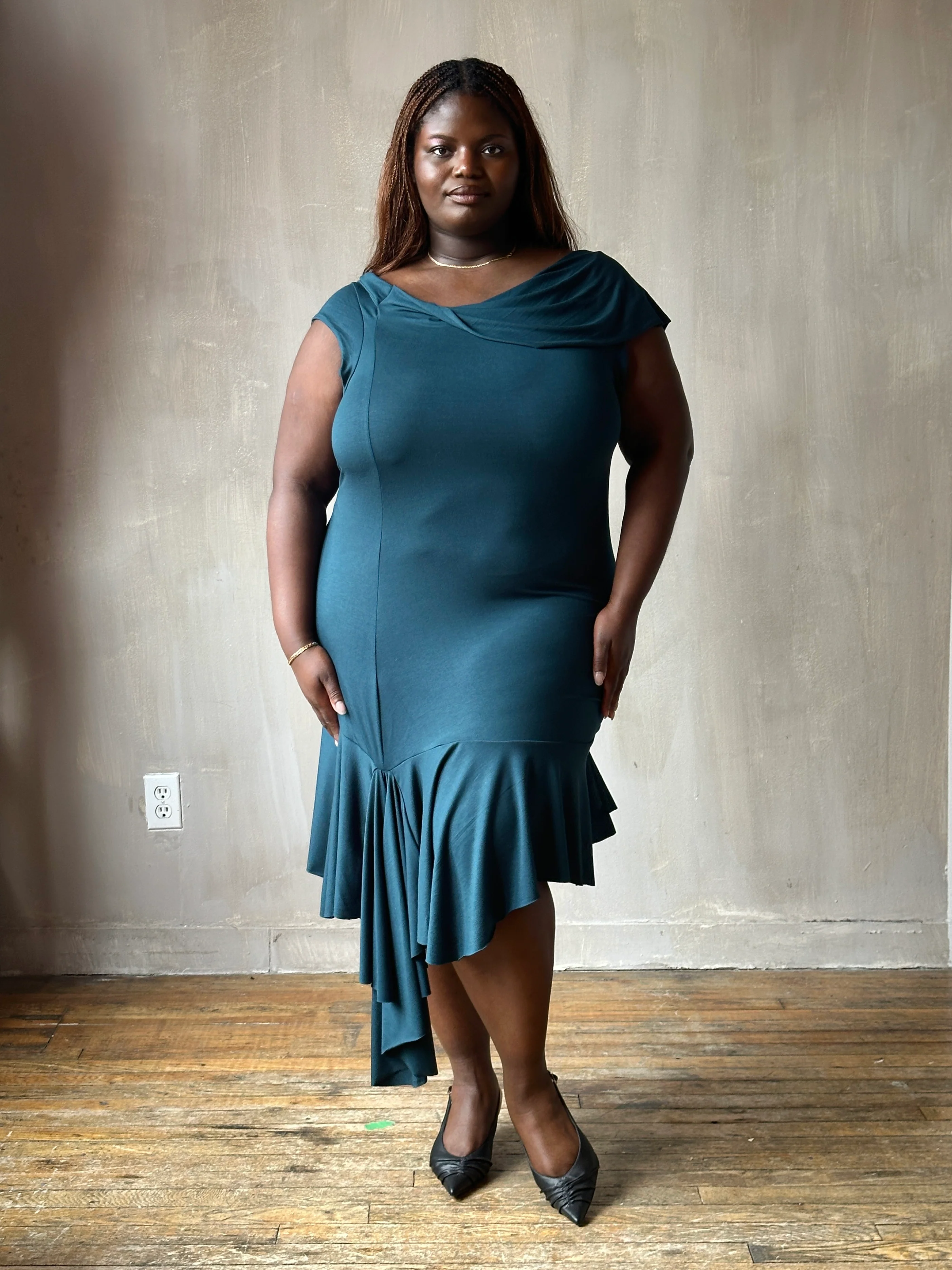 Sample Sale: Jersey Draped Cap Sleeve Dress in Teal Bamboo (Size I) - Image 10
