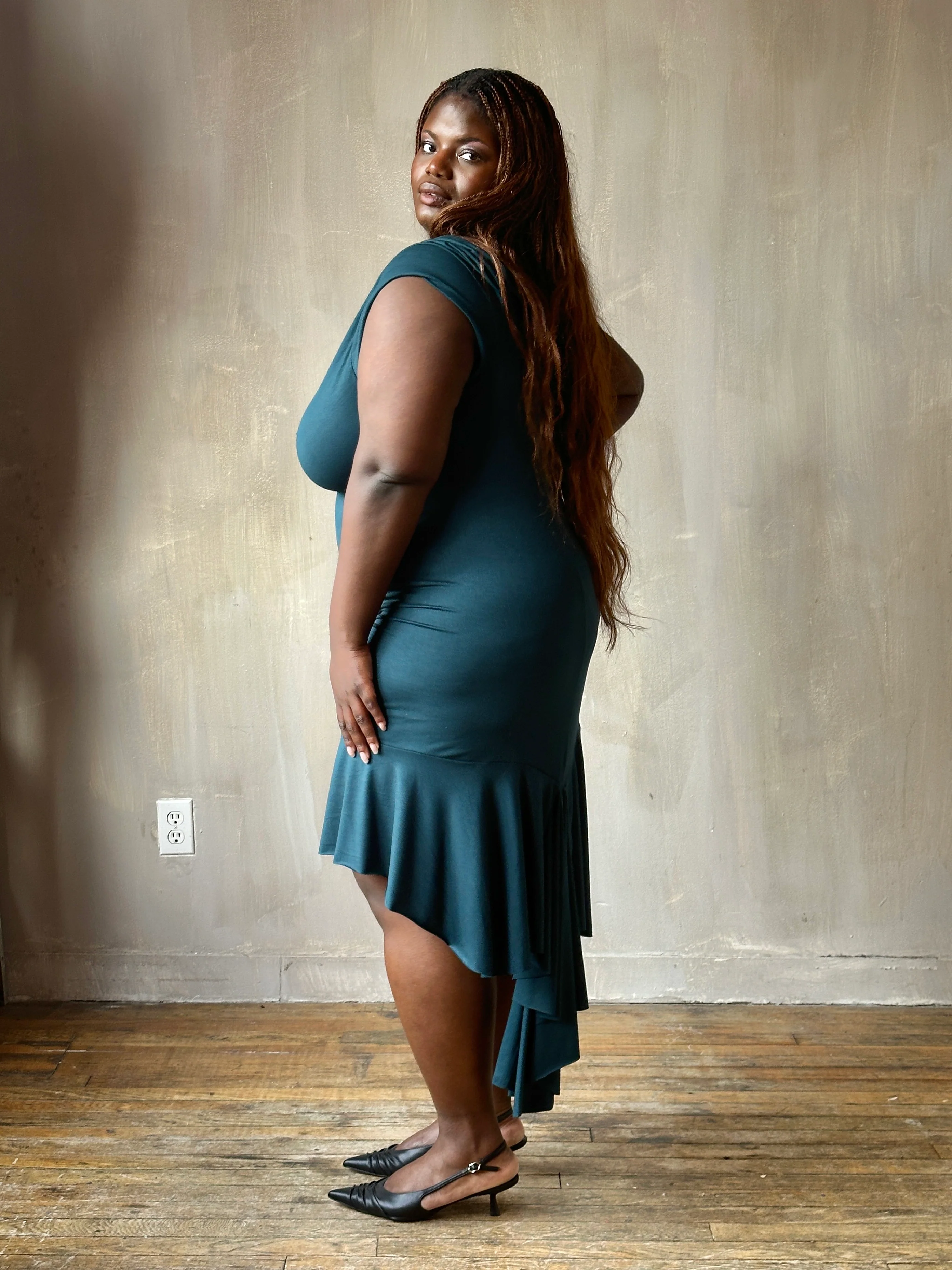Sample Sale: Jersey Draped Cap Sleeve Dress in Teal Bamboo (Size I) - Image 15