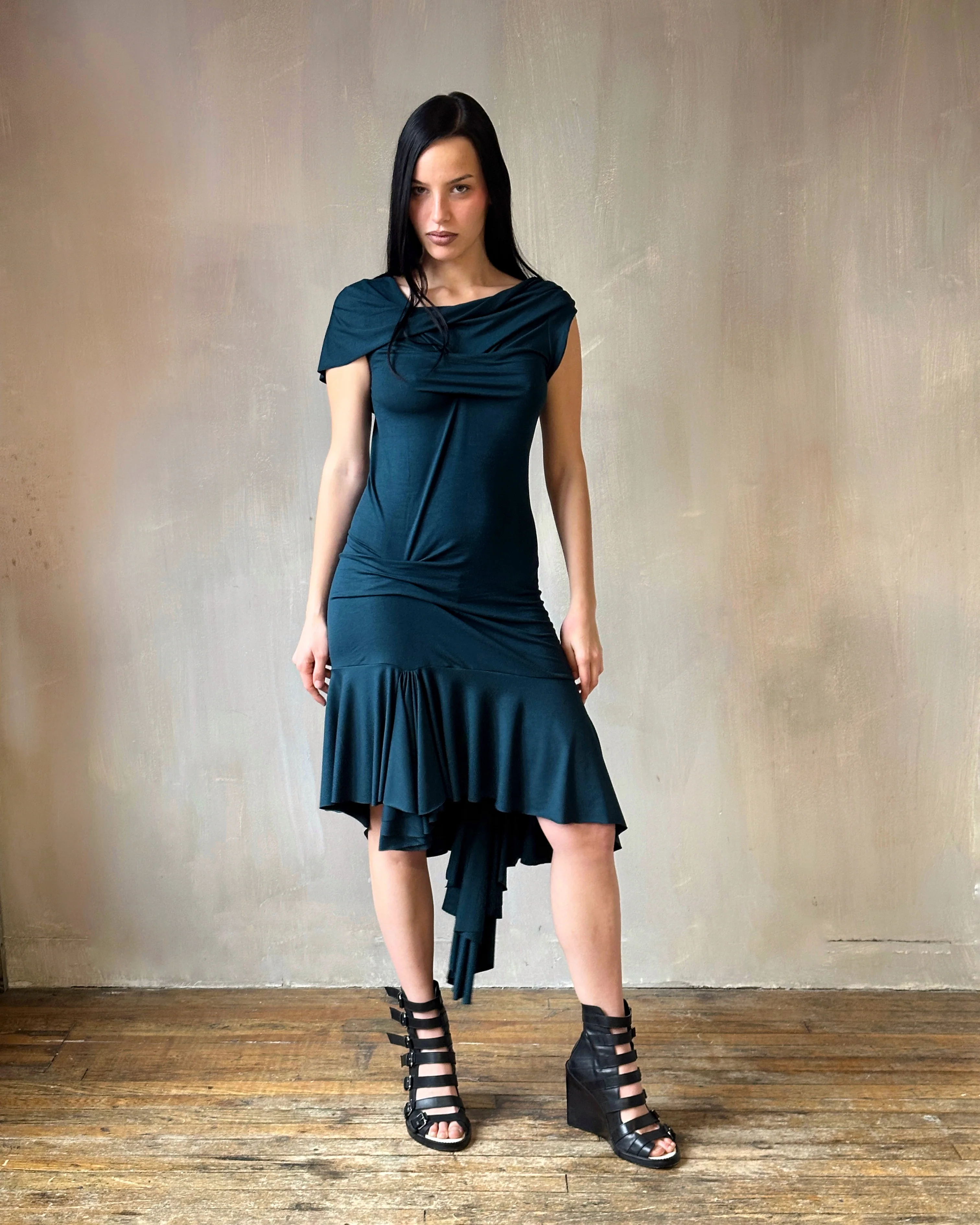 Sample Sale: Jersey Draped Cap Sleeve Dress in Teal Bamboo (Size I) - Image 3