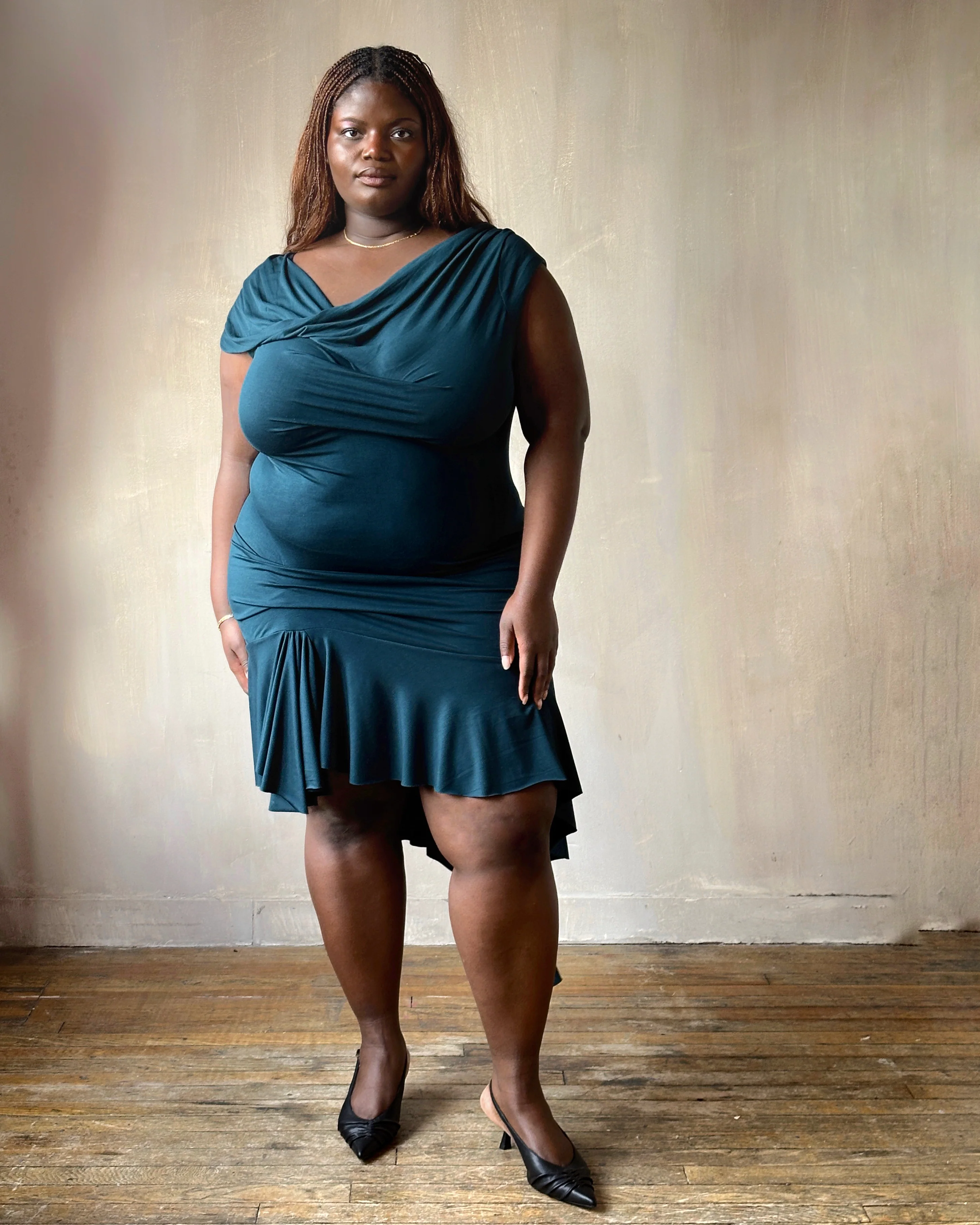 Sample Sale: Jersey Draped Cap Sleeve Dress in Teal Bamboo (Size I) - Image 4