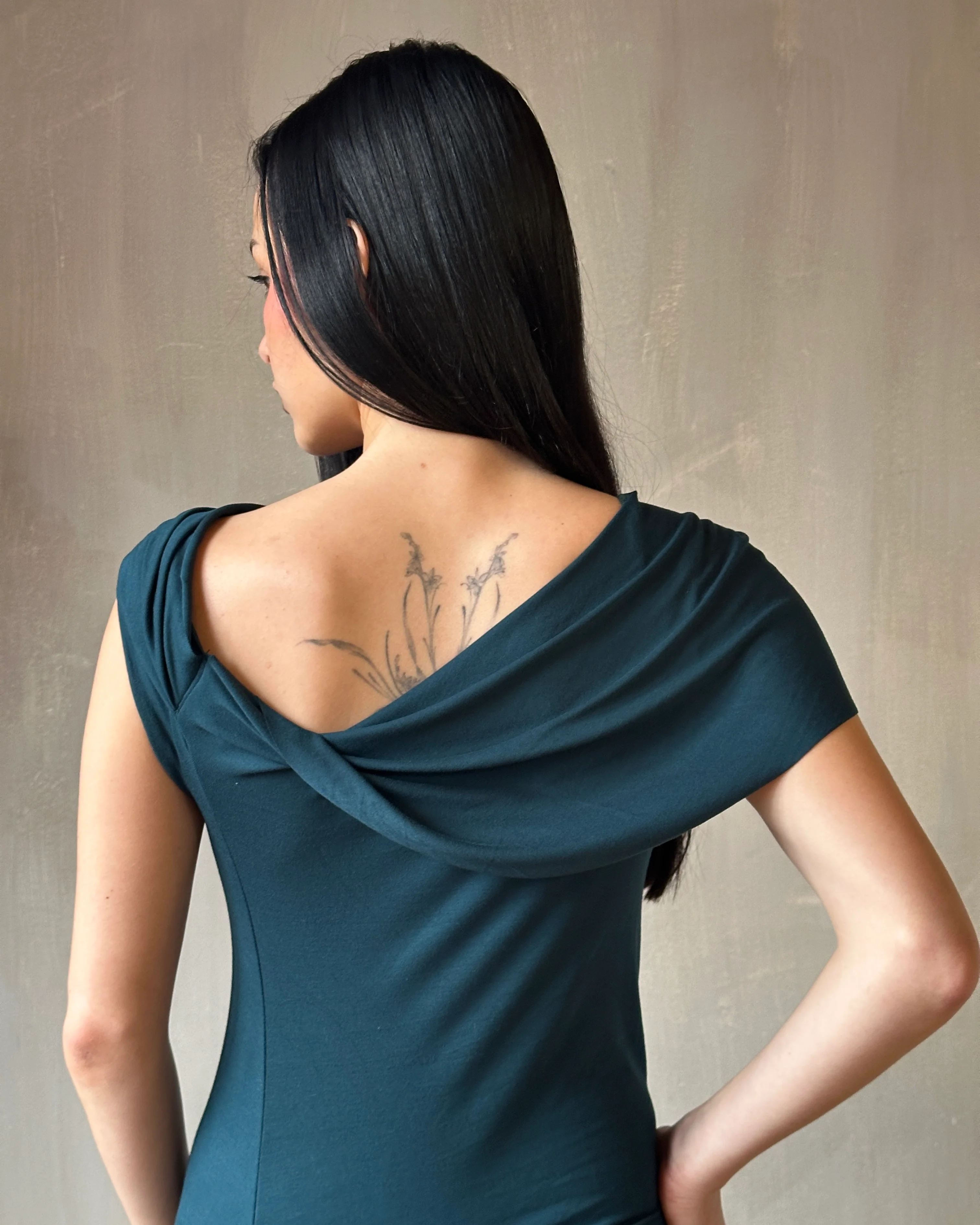 Sample Sale: Jersey Draped Cap Sleeve Dress in Teal Bamboo (Size I) - Image 8
