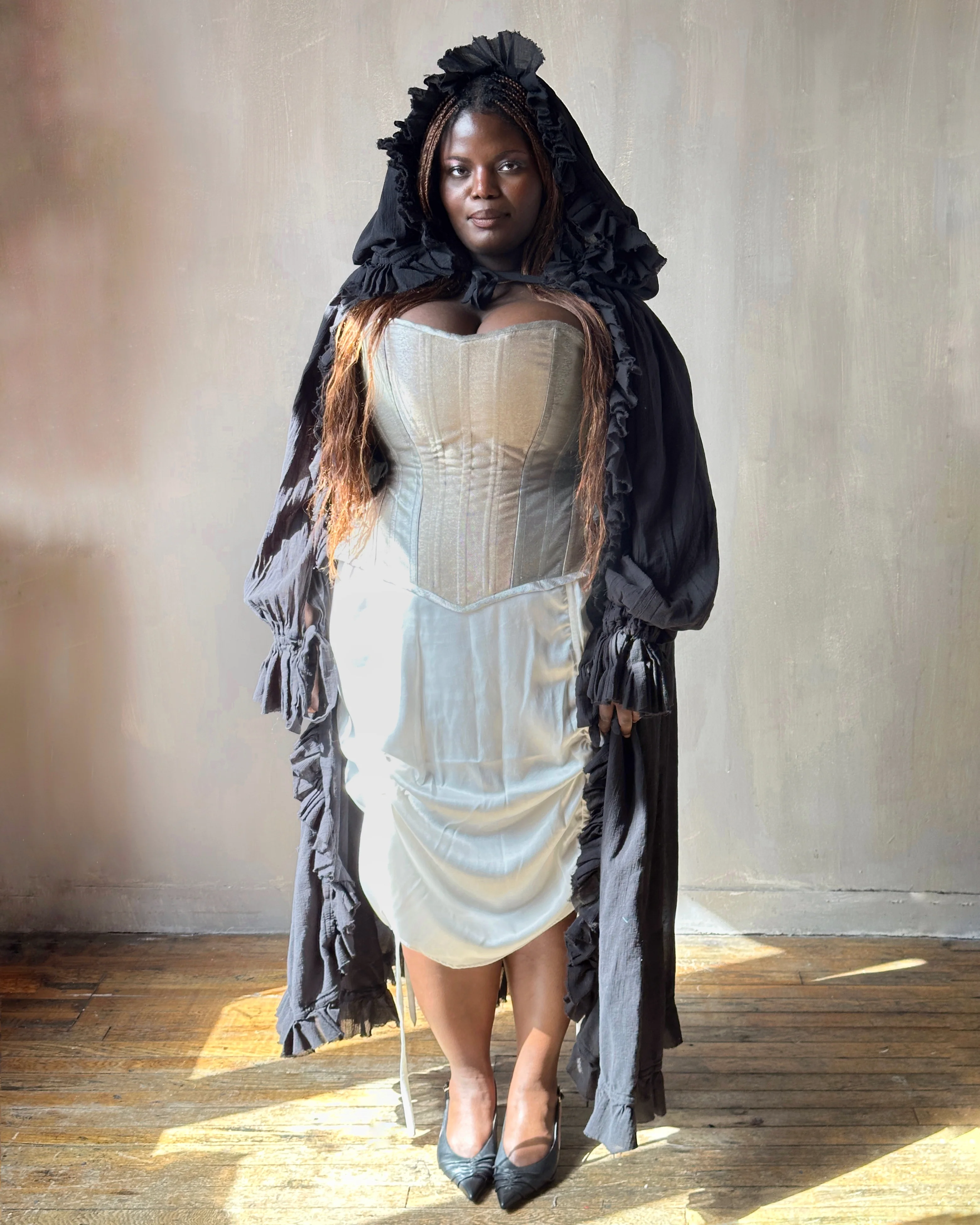 “Peignoir” Alchemist Jacket w/Ruffle in Black Cotton (In Stock) - Image 10