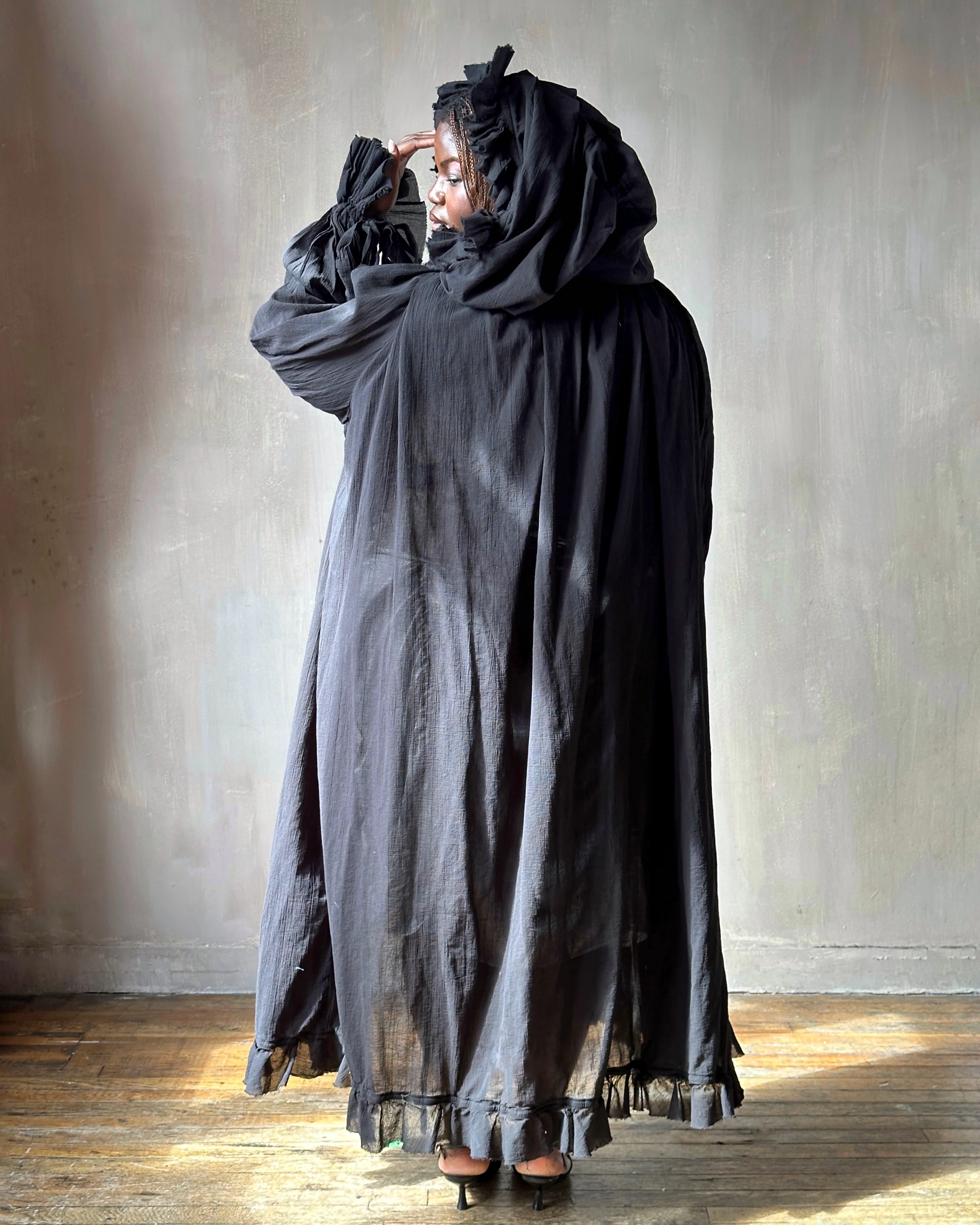 “Peignoir” Alchemist Jacket w/Ruffle in Black Cotton (In Stock) - Image 4
