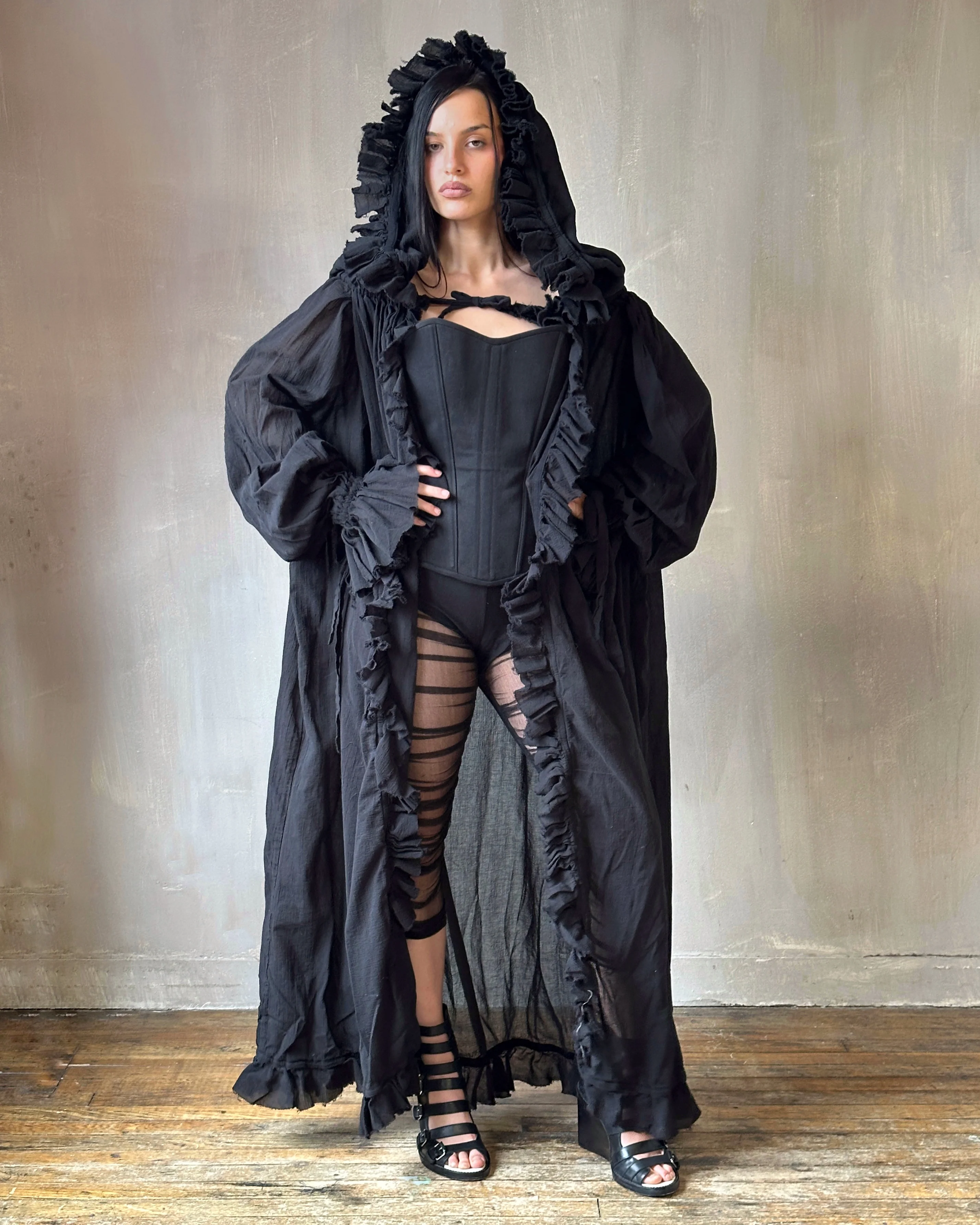 “Peignoir” Alchemist Jacket w/Ruffle in Black Cotton (In Stock) - Image 5