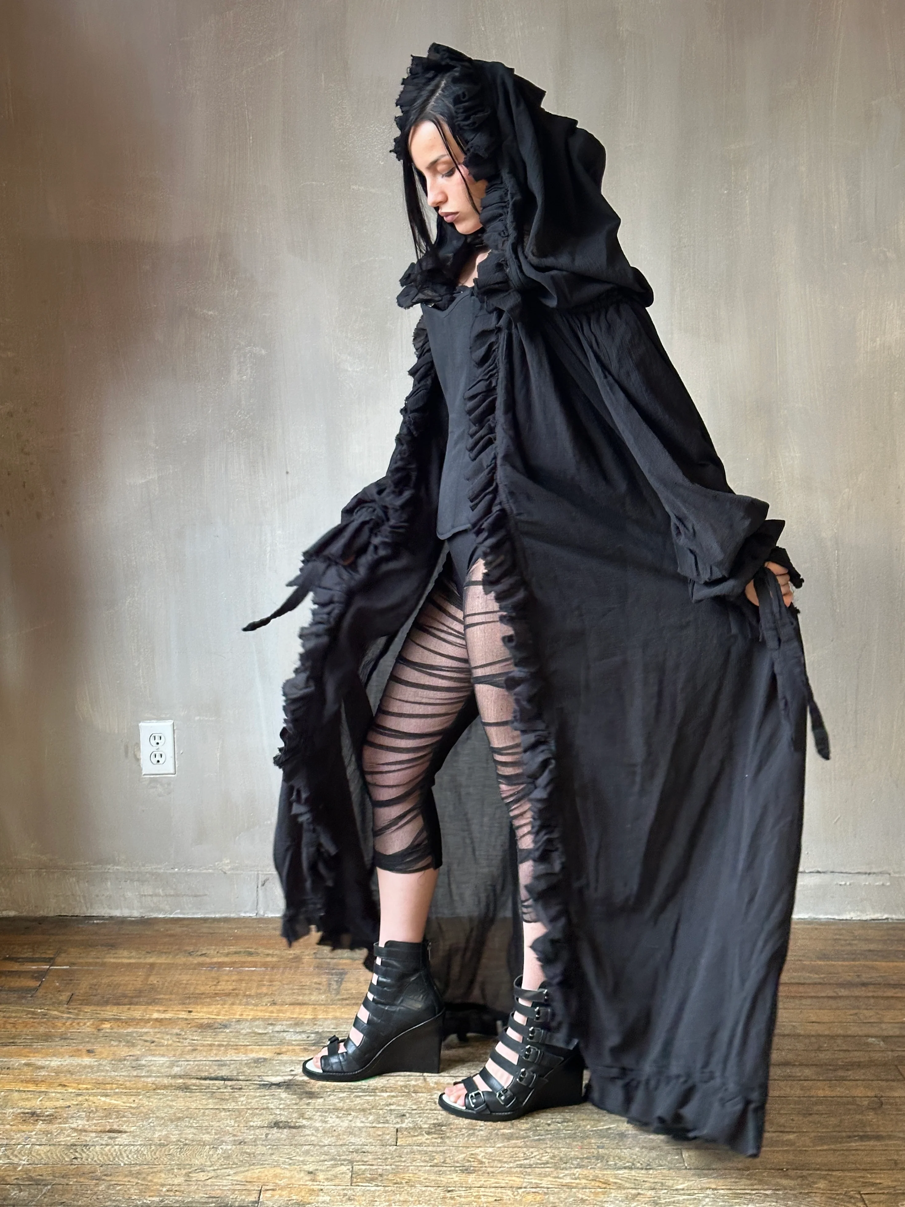 “Peignoir” Alchemist Jacket w/Ruffle in Black Cotton (In Stock) - Image 6