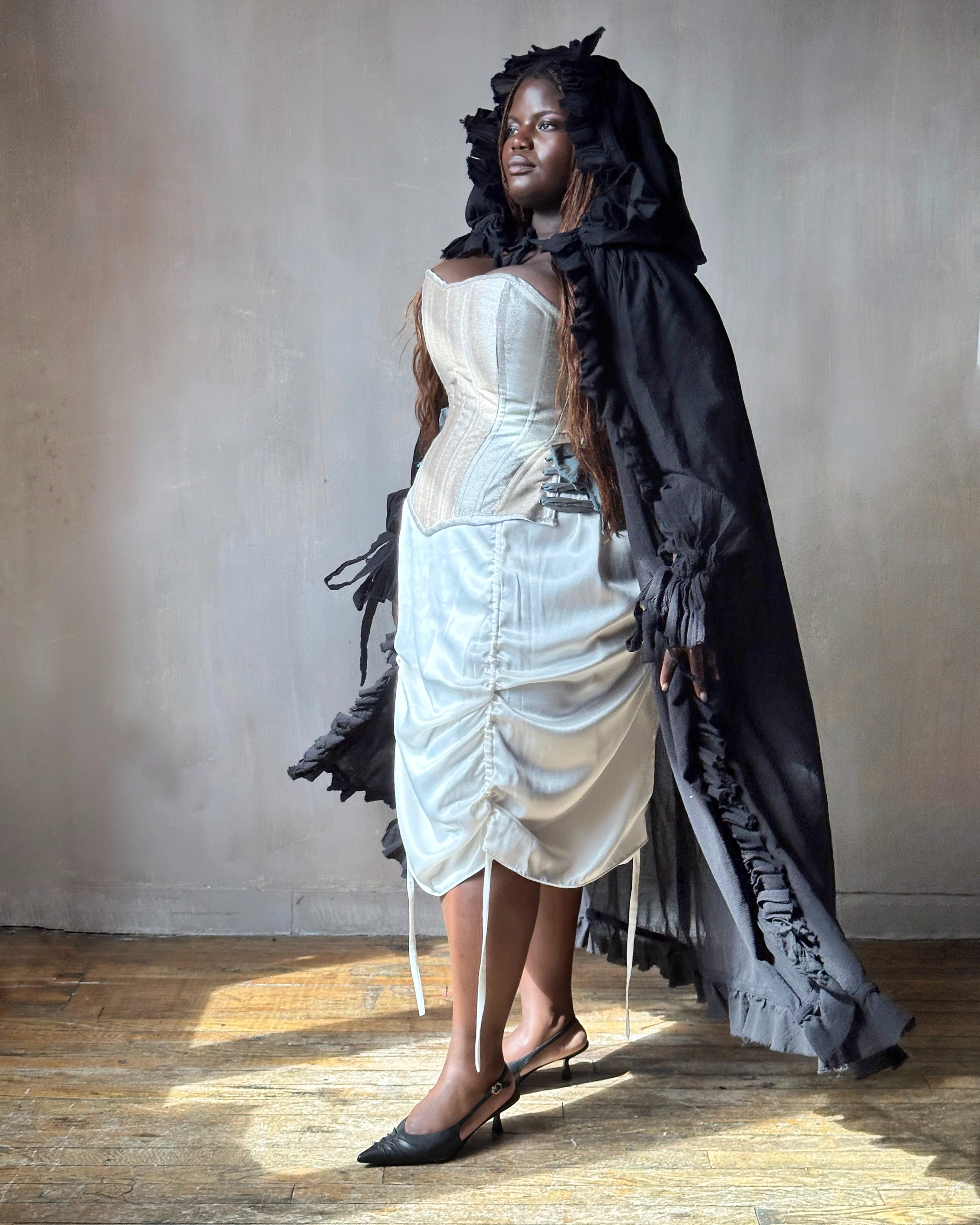 “Peignoir” Alchemist Jacket w/Ruffle in Black Cotton (In Stock) - Image 8