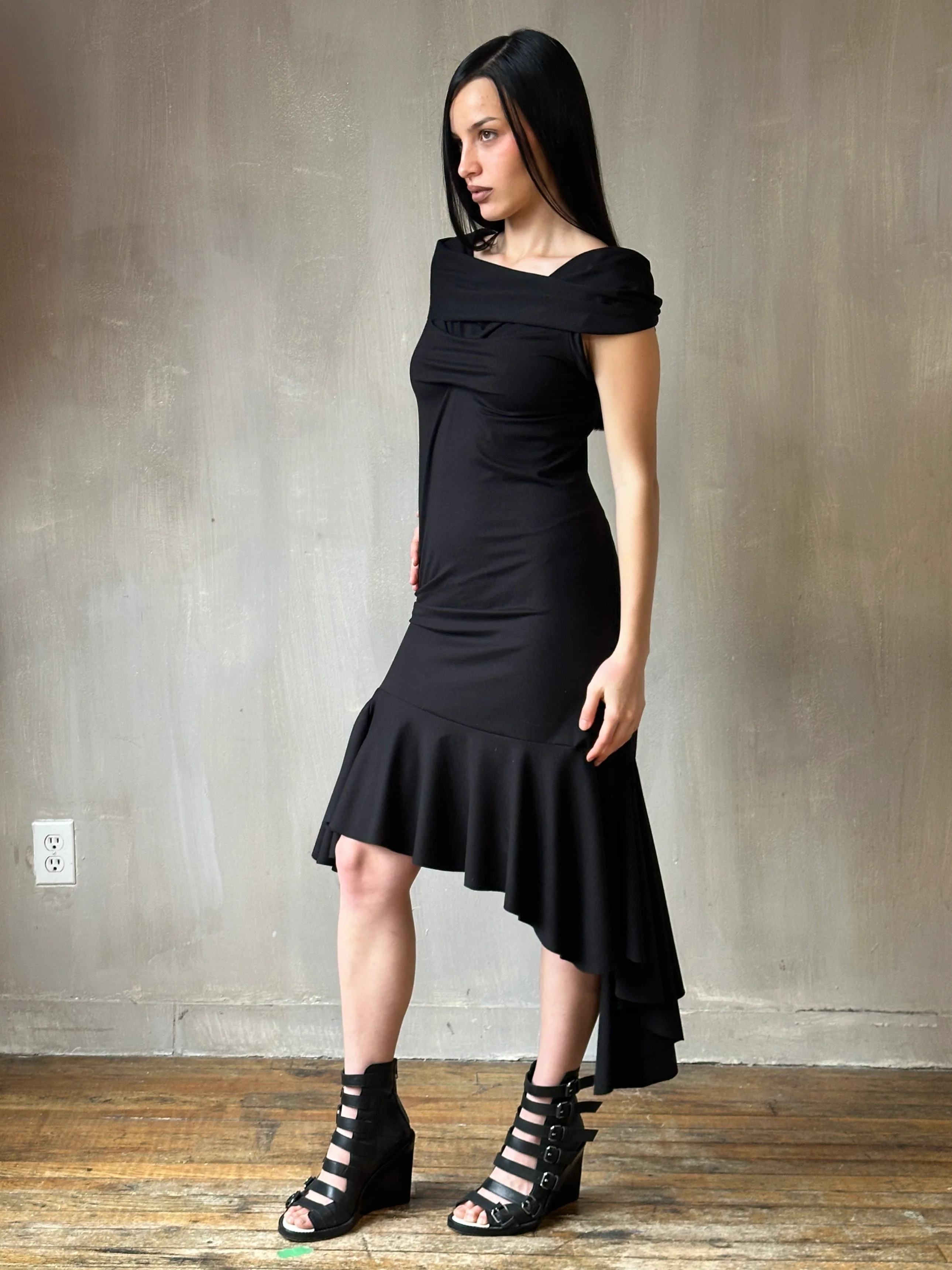 Jersey Draped Cap Sleeve Dress in Black * (In Stock) - Image 5