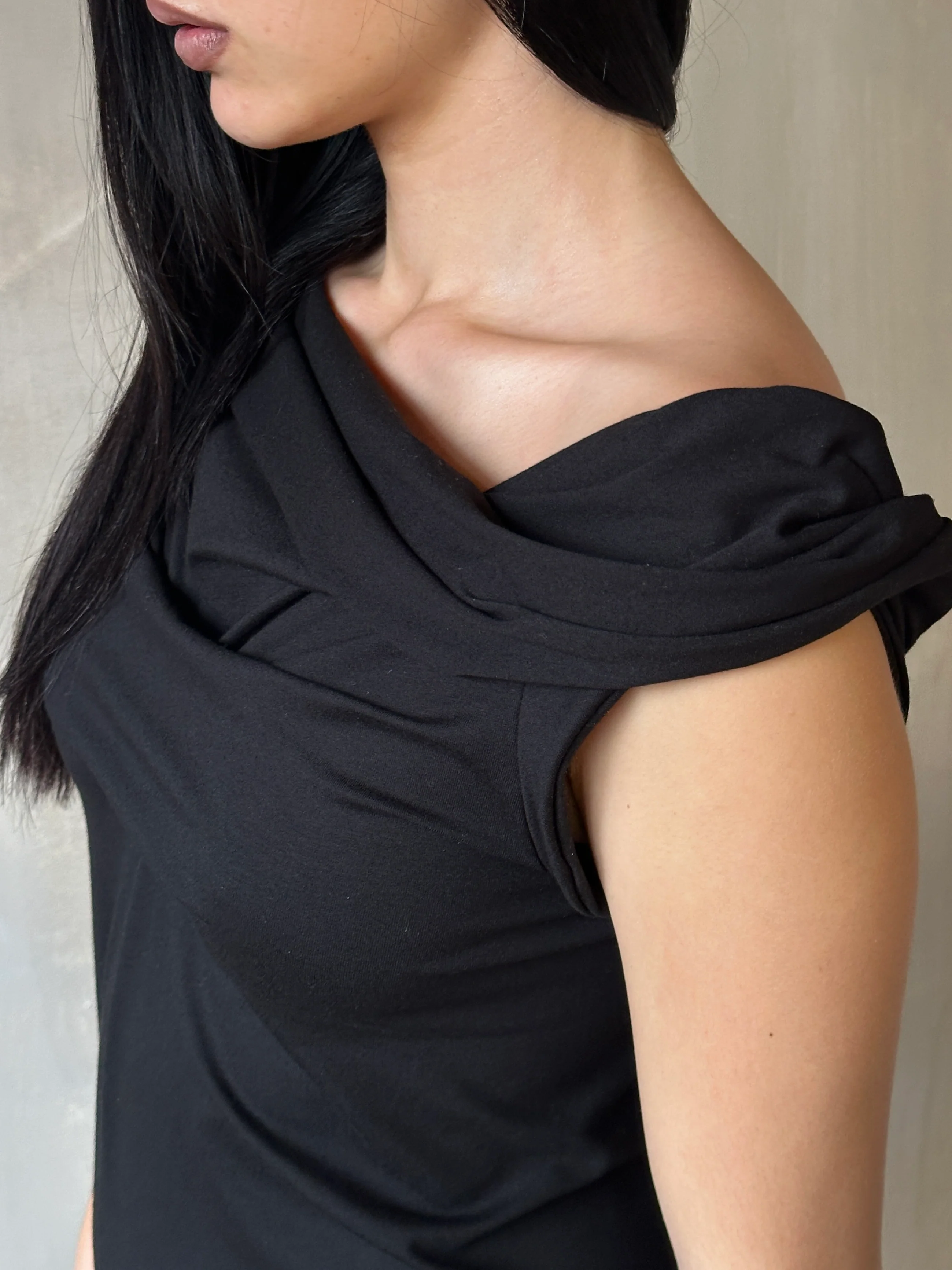 Jersey Draped Cap Sleeve Dress in Black * (In Stock) - Image 9