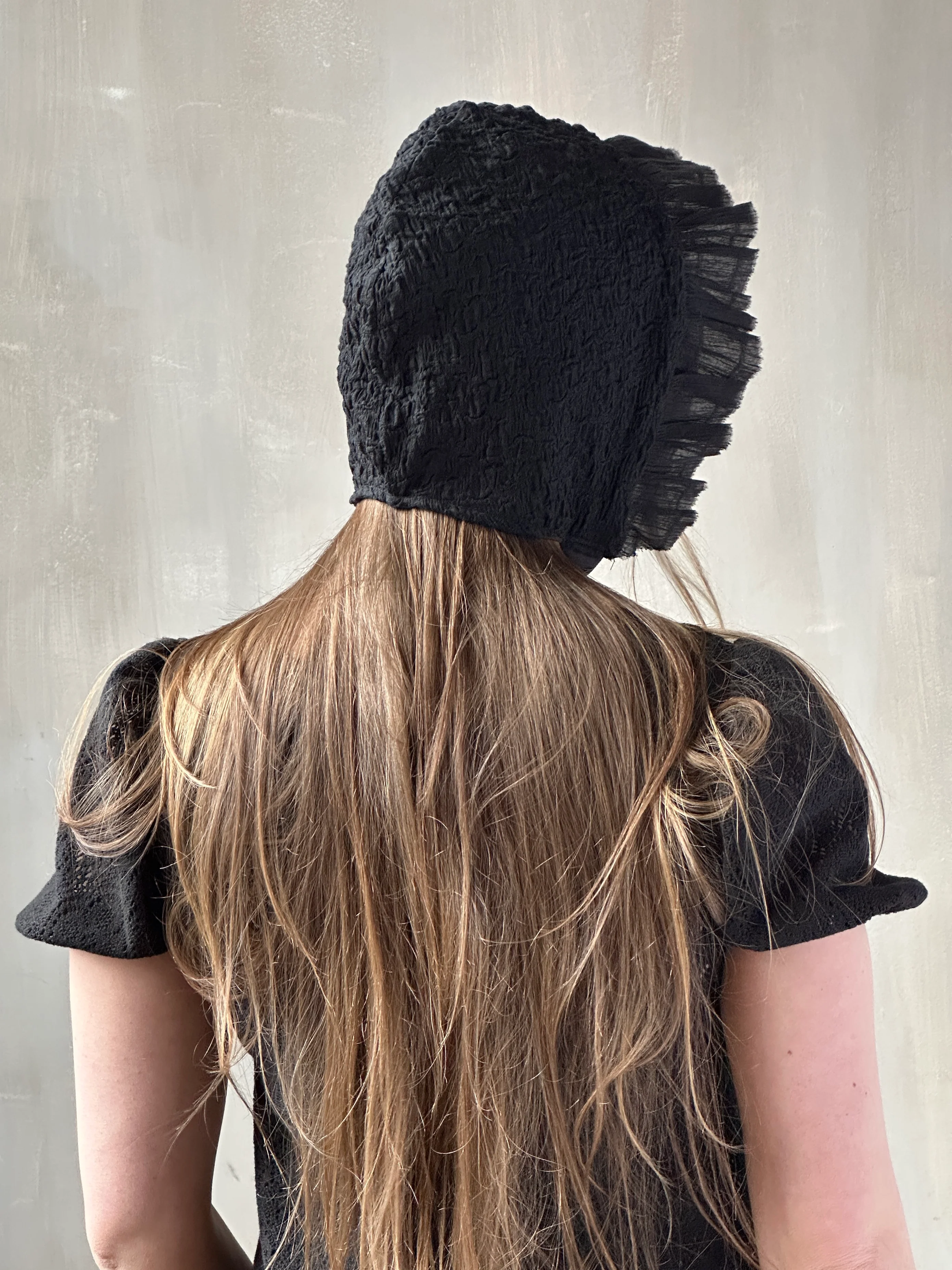 Spring '26: Bonnet with Silk Ties in Black Crinkle Cotton Knit (Pre-Order) - Image 2