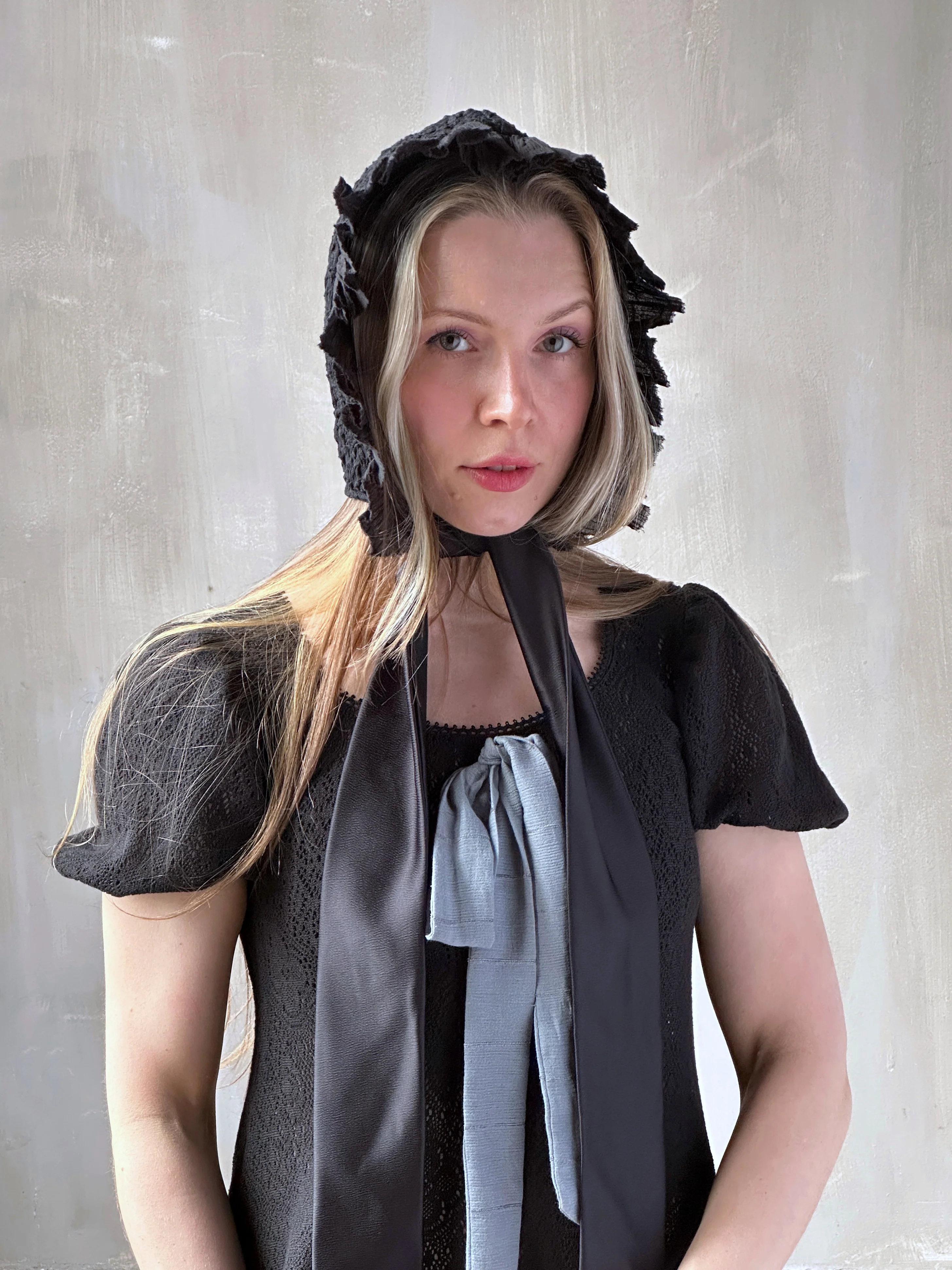 Spring '26: Bonnet with Silk Ties in Black Crinkle Cotton Knit (Pre-Order) - Image 3