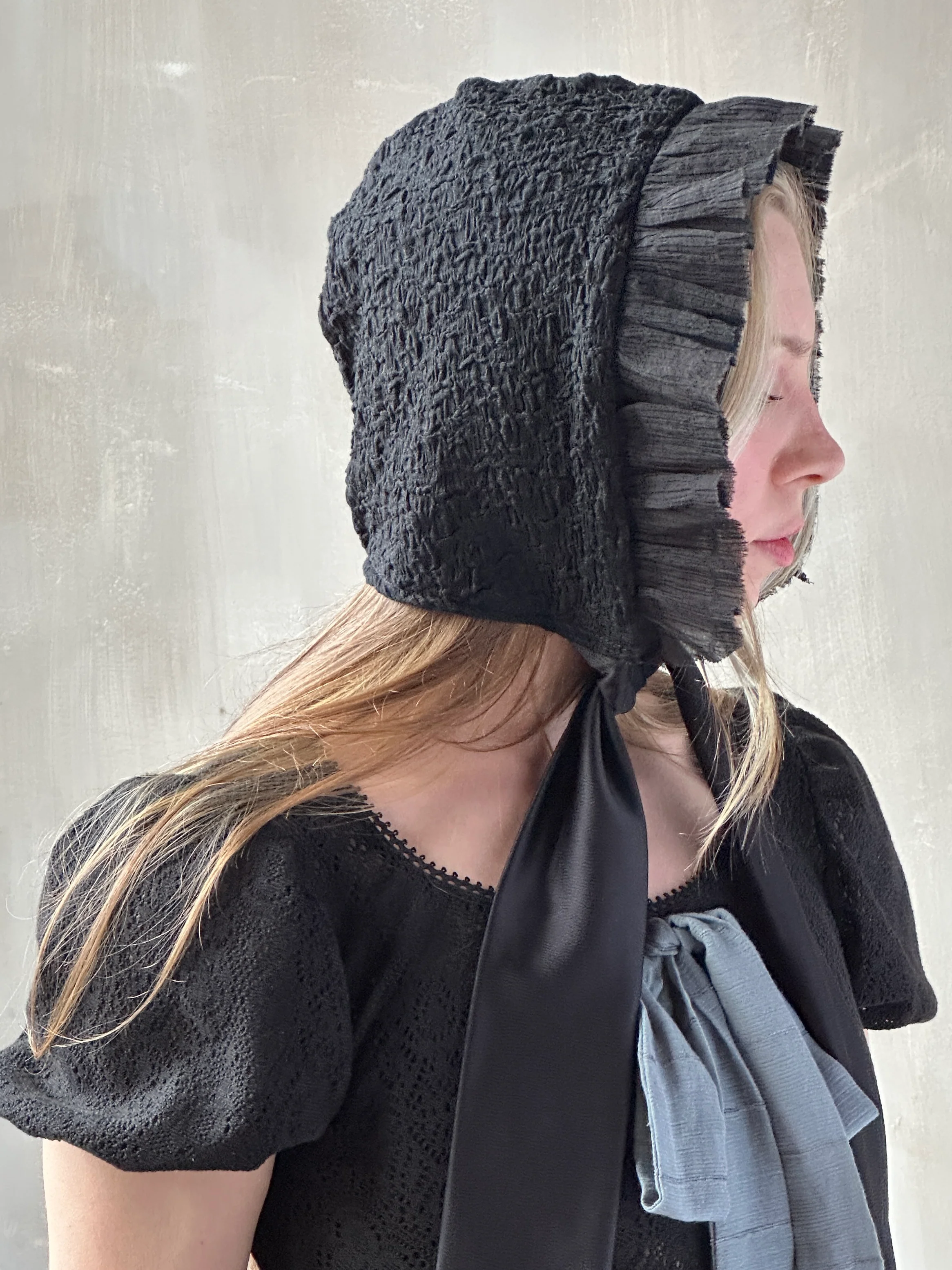 Spring '26: Bonnet with Silk Ties in Black Crinkle Cotton Knit (Pre-Order) - Image 5