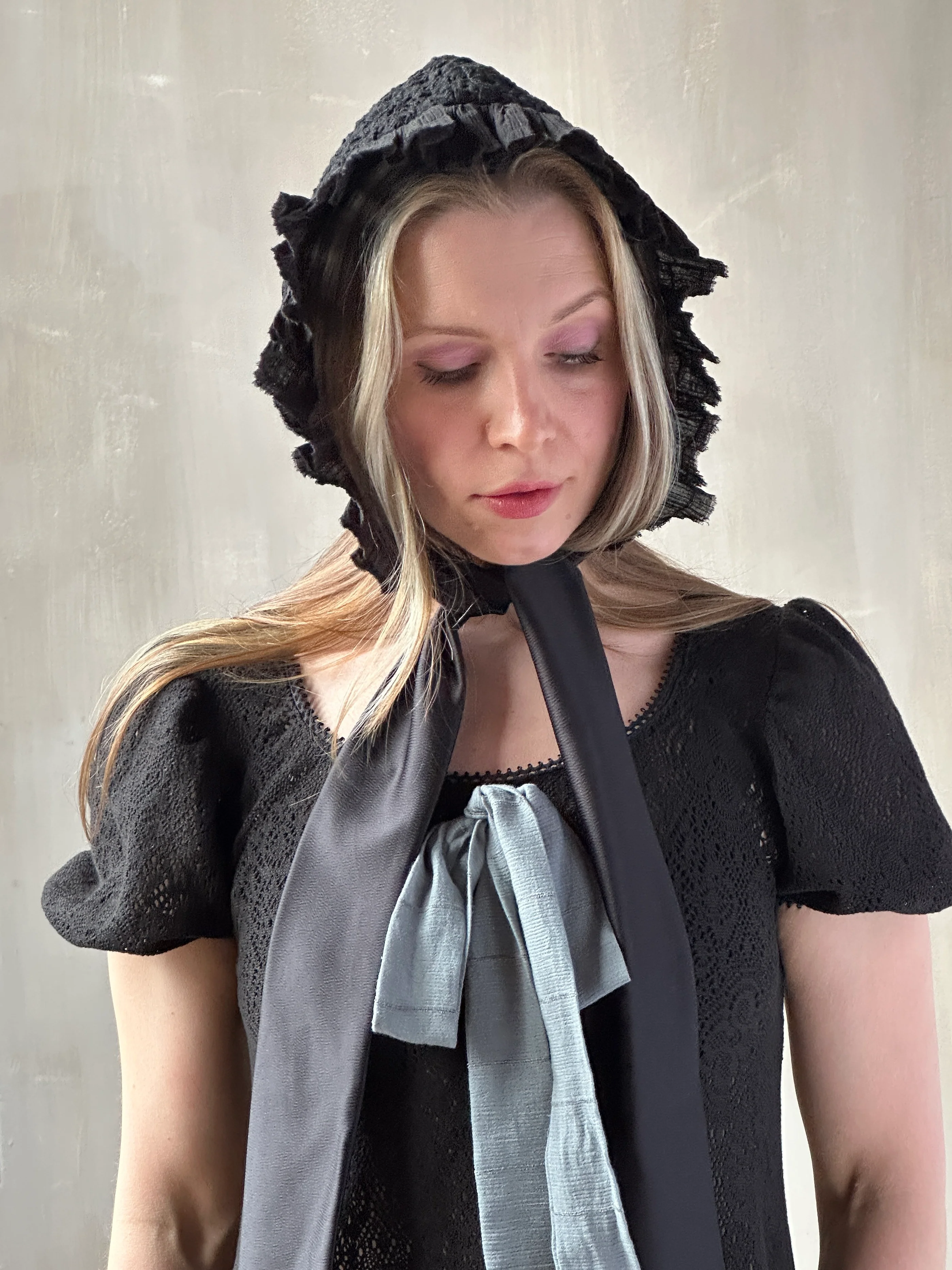 Spring '26: Bonnet with Silk Ties in Black Crinkle Cotton Knit (Pre-Order) - Image 6